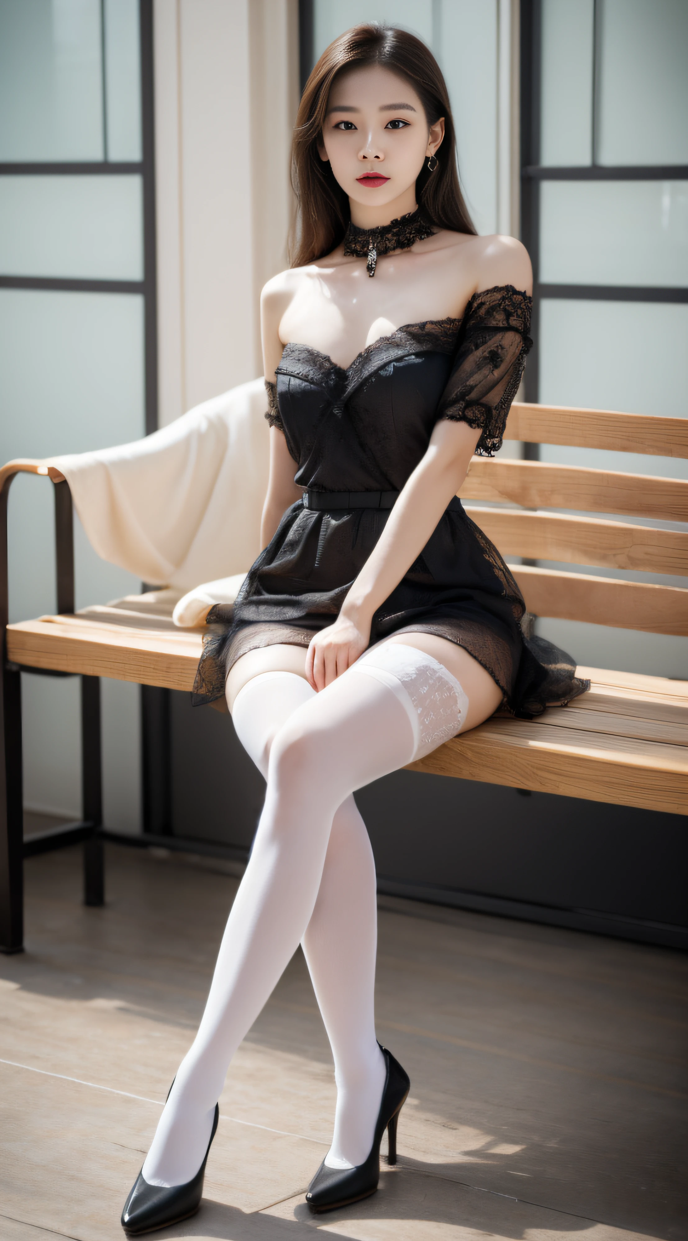 Works of masters，hyper-detailing，high qulity，A woman sits on a bench，Ultra-detailed face，beautiful countenance，A top with a sense of design，White hip wrapped skirt，Flesh-colored stockings，legs crossed，cute elegant pose，Seven-point shot，Popular on CGSTATION，Korean female fashion model，The background is blurred out，Central symmetry，high-heels，Human-machine interaction