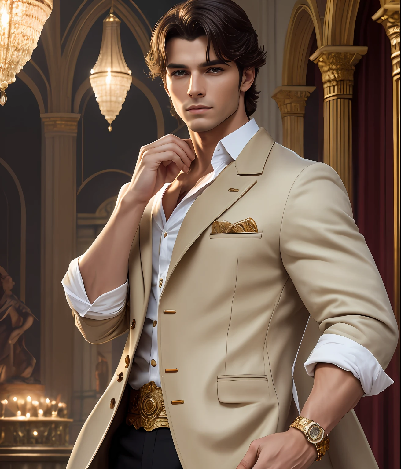 Beautiful realistic photo, photografic, ember, full-shot, Beautiful male model in the frame, age 30 years, foto realista, Tall man, beutiful, in full height, foto realista, (Correct anatomy of the hands), ember, Dressed in a frock coat and shirt, with dark hair, beatiful face, With clean skin, detailing, Correct anatomy of the hands; beatiful face, Clean skin, tanning on the skin, In the background is the palace hall, romance novel cover, romance book cover, Fantasy genre portrait