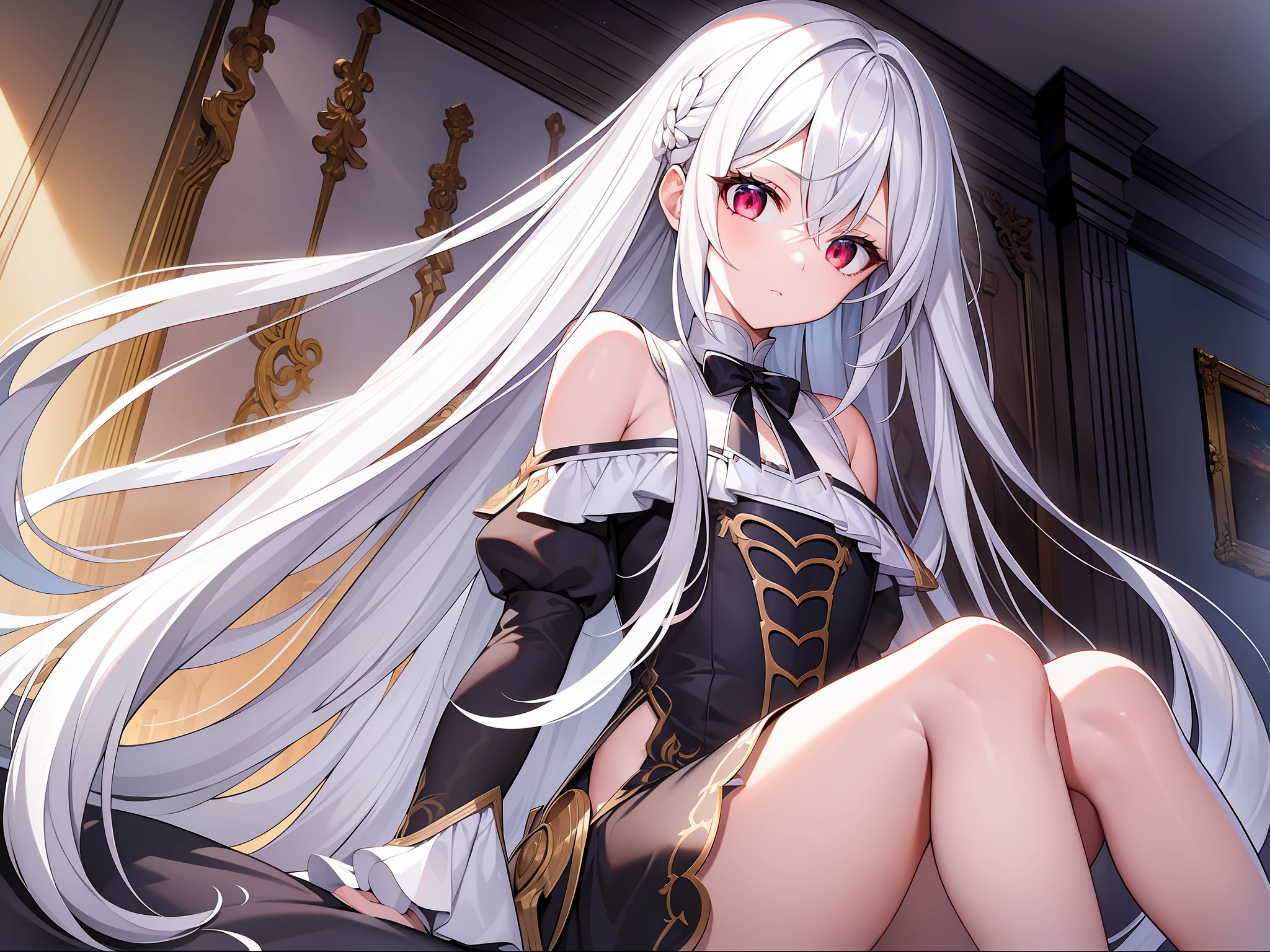 ((Masterpiece, Best quality))++, Detailed light+,  Detail hair+, detail hand+ ,1girll, woman, Long hair,   dark red eye,  Beautiful eyes, Young gray hair,,(Beautiful white hair:1.5),(Beautiful detailed eyes), ,    high resolution+,   Masterpiece,  , Glass tones, Reflective eyes,  {{Angle}} , extremelydetailedwallpaper, Original,full bodyesbian,Bedrooms,upper legs, Beth,starrysky,Issuing