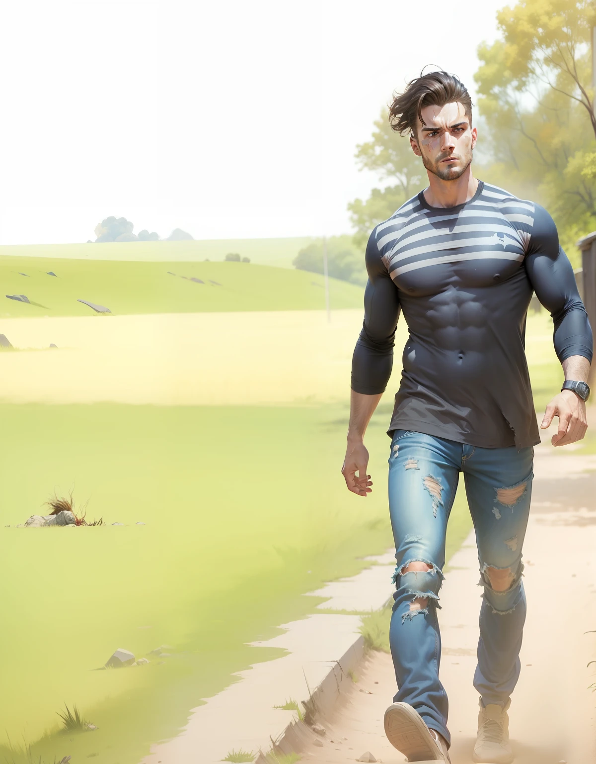 medium full shot. digital painting of bruised wounded exhausted handsome manly fit man in the middle of battlefield, detailed muscles, sweaty body, (crewcut hairstyle:1.25), stubble, torn clothes, torn shirt, tired face expression, very detailed face, very detailed eyes, very detailed skin, vibrant colors, clouds, smoke, fire, explosions, fantasy style, masterpiece quality, beautiful digital art, award winning digital art, overdetailed digital art, dramatic lighting, dramatic pose, heroic pose, epic, post processing, color scheme red and black