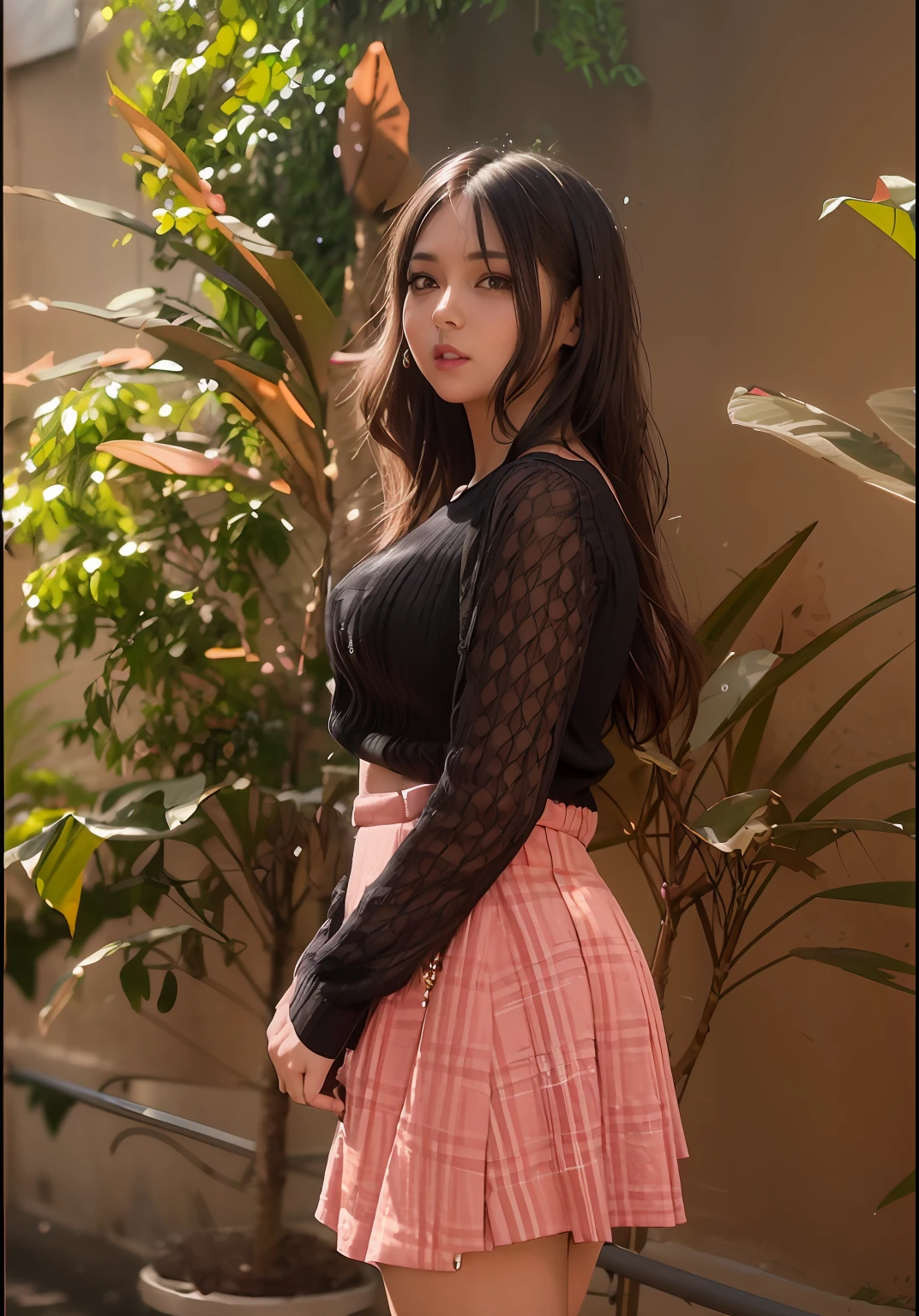 a close up of a woman in a pink skirt and black top, with lovely look, fanart, candid picture, looking cute, profile pic, mid shot portrait, traditional art, isabela moner, fishnets and a long tartan skirt, casual pose, gorgeous lady, dressed in long fluent skirt, taken with canon eos 5 d mark iv, beutiful