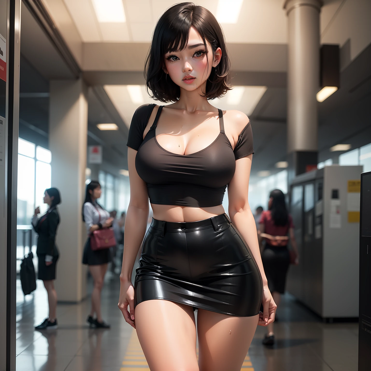 1girll,Fuller breasts,Black bra,Fuller breasts,Full body like,short detailed hair,long leges,blacksilk,Superskirt,White short-sleeved top,Office secretary style,24 years of age,lips are plump,Full eyes,stand posture,Wet Female Student,年轻,sensuality,Girl at the station,Look at me,bite lips,The legs are thin,25 age old,Black hair,Real scenes and people,Camera shot,Wearing sneakers,Strong posture,