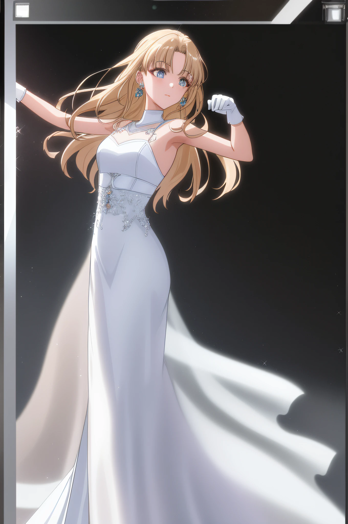 8K，ultraclear，best qualtiy，tmasterpiece，1girll，Big star，Delicate, Ultra-clear face，Delicatemakeup，Gorgeous jewelry，gorgeous hairstyle，Long gloves，waltz，mistic，White dress long dress，Half-body image，Normal attire，Screen focus，Dancing crowds