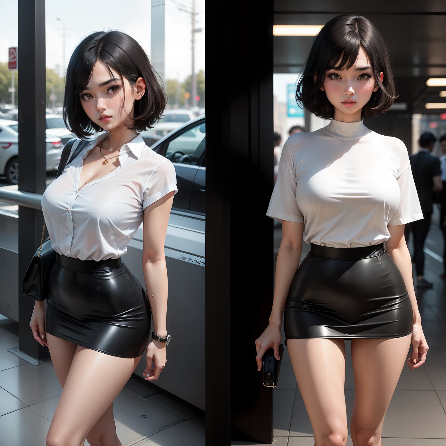 1girll,Fuller breasts,Black bra,Fuller breasts,Full body like,short detailed hair,long leges,blacksilk,Superskirt,White short-sleeved top,Office secretary style,24 years of age,lips are plump,Full eyes,stand posture,Wet Female Student,年轻,sensuality,Girl at the station,Look at me,bite lips,The legs are thin,25 age old,Black hair,Real scenes and people,Camera shot,Wearing sneakers,Strong posture,