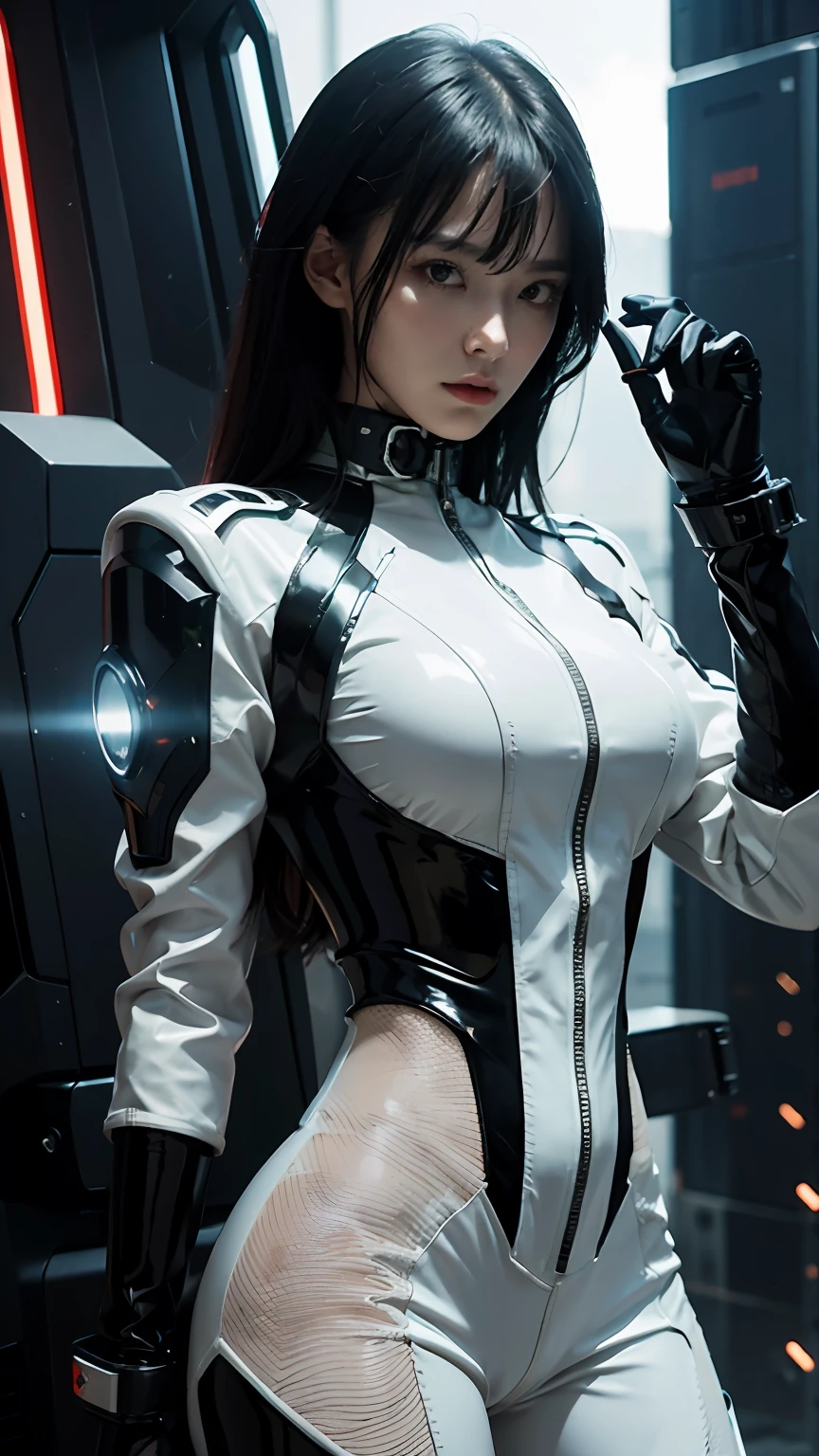 solo, super fine photo,shitu-mecha, portrait Unreal Engine 5 8K UHD of a girl in a skin tight futuristic black latex battle suit with white jacket, slick black catsuit, black iconic character, smooth black skin, black body, PVC, glossy latex suit, rubber suit, rubber belts, collar, futuristic full face helmet, futuristic rubber glove, futuristic high boots, arm and leg cuffs, straps, cyberpunk world, have a gun, best quality, masterpiece, official art, unified 8k wallpaper, super detailed, sharp focus, dynamic pose, body parts, no extra limbs, precisely anatomy