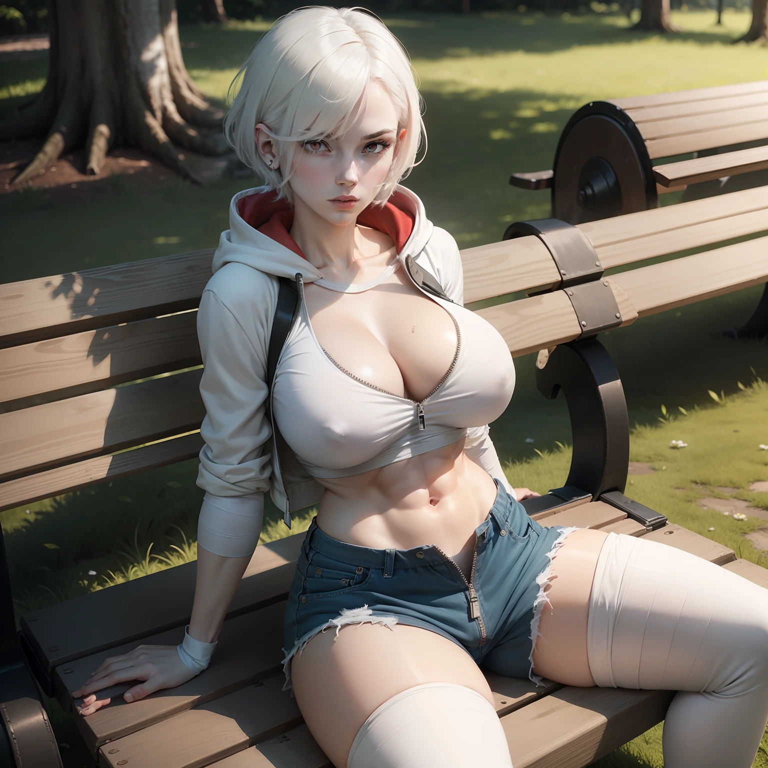 Pale skin, red eyes, short hair, white hair, hair  over eye, tight abs, medium breasts, huge hips, cropped hoodie, unzipped jeans shorts, bandaged hands, sitting on a bench in the park