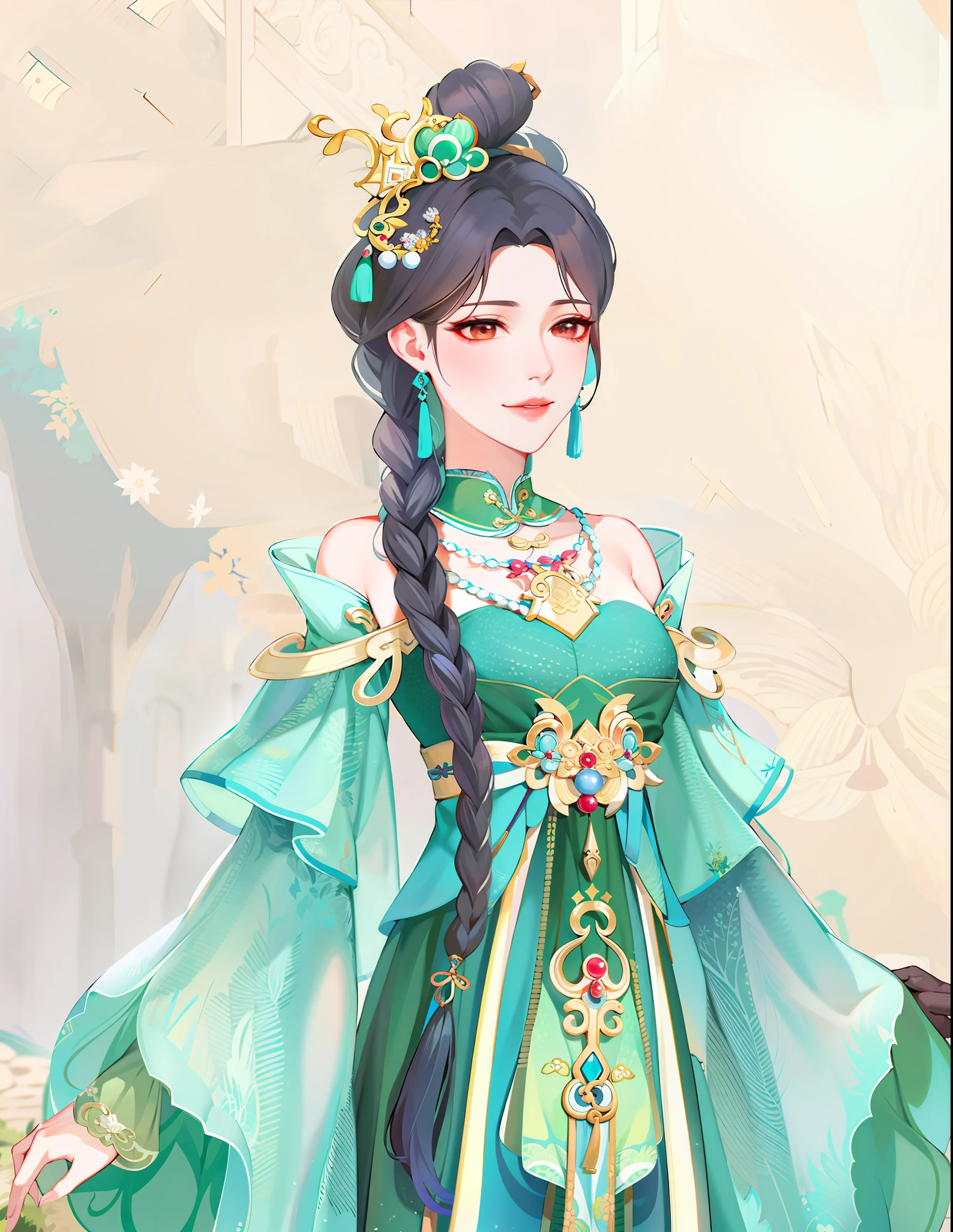 There is one wearing a green dress,Woman with long braids, a beautiful fantasy empress, ((a beautiful fantasy empress)), Palace , A girl in Hanfu, Inspired by Lan Ying, Princesa chinesa antiga, Inspired by Qiu Ying, full-body xianxia, China Princess, Inspired by Huang Ji, Inspired by Li Tang, inspired by Ju Lian, Xianxia