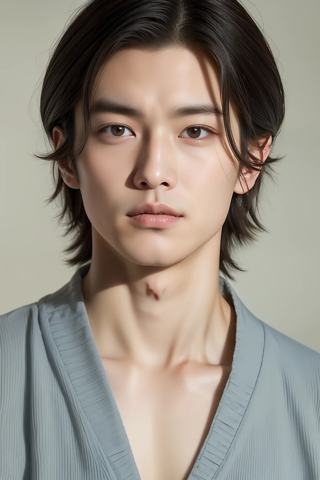 top-quality, ​masterpiece, 超A high resolution, (realisitic: 1.4), Original photo, wall-paper, Head Photo, The skin, simple background, Black eyes, detaileds, selfy, 1 boys, 18 years old, a handsome, breezing, rays of sunshine, Duan、a room、Amazing handsome man、Cute、Center Part、The long-haired、Johnny's、A face like Ryo Yoshizawa、Refreshing、not too thick eyebrows、orthodox christianity、Cold Face、musculature