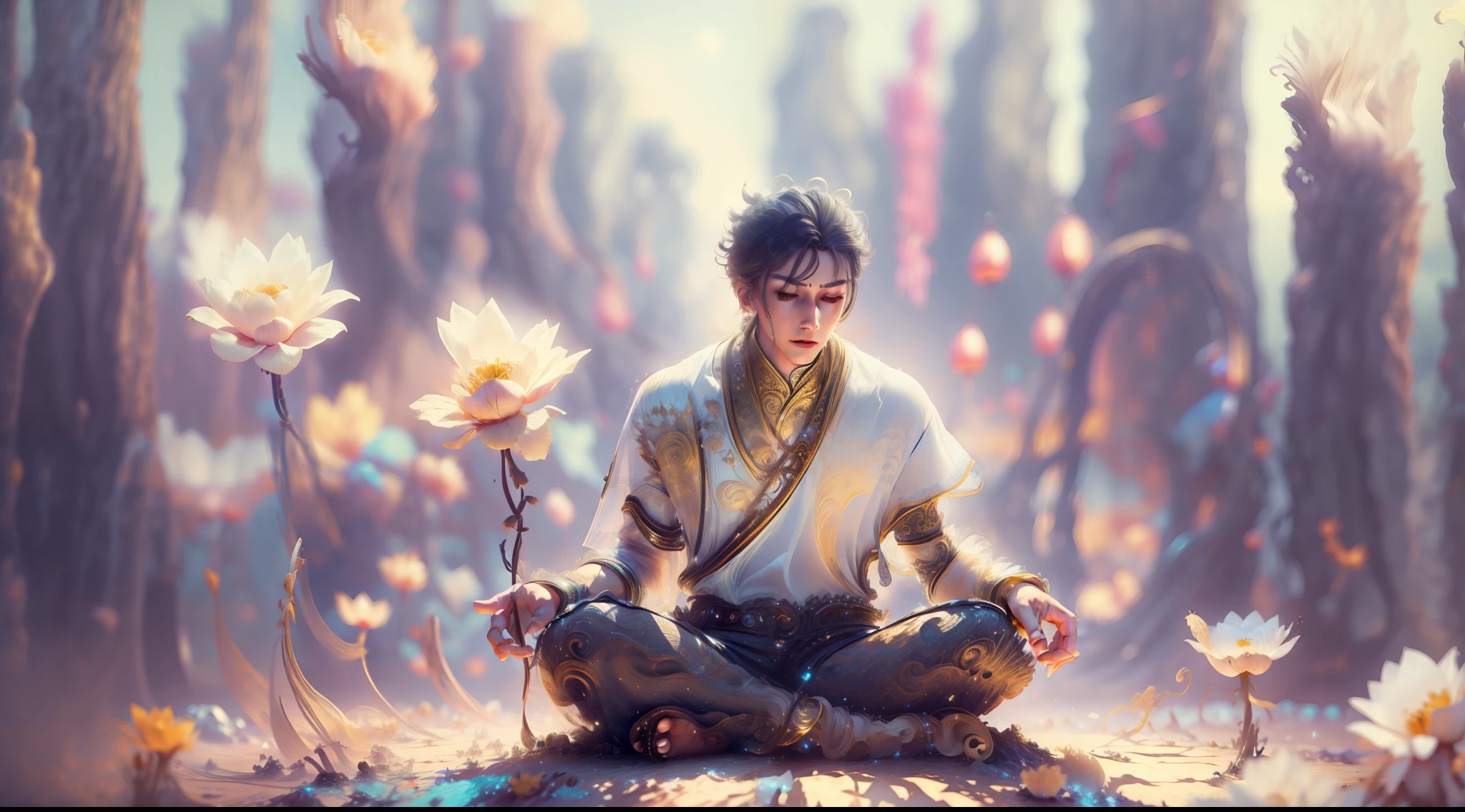 Handsome guy in a white shirt，Sit and meditate in a lotus pose，Look at the audience with your eyes closed，raised head，Floating on the ground，cheerfulness，A slight smil，realisticlying，Bokeh，light particules，very highly detailed background，detailed face with，Detailed and complex busy background，Untidy，opulent，milkyW，Highly detailed hands，Realistic details of skin，Visible Pore，tack sharp focus，volume fog，8K  UHD，digital SLR camera，high qulity，filmgrain，White skin of the，photo-realism，lomo graphy，Huge metropolis in a dystopia of the future , View from below，Eau，（Very detailed CG unity 8K wallpaper），most beautiful artwork in the world，Professional majestic oil painting，iintricate，high detal，sharp fokus，dramatics，Realistic painting art