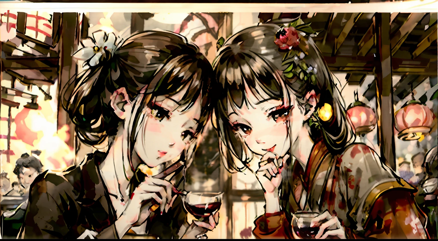 The two are diametrically opposite, Holding a wine glass in his hand，ancient chinese background, cheers, Clink， holding a glass of wine, Enjoy a glass of wine, ❤🔥🍄🌪, Drinking wine, Sparkling atmosphere, drinking their hearts out, Profile picture, gettyimages, unwind!, warm and joyful atmosphere, wineglass, advertisement picture，Film and television storyboarding，Close-up of the hand，face to face