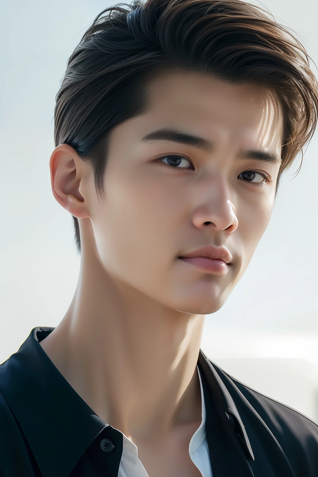 top-quality, ​masterpiece, 超A high resolution, (realisitic: 1.4), Original photo, wall-paper, Head Photo, The skin, simple background, Black eyes, detaileds, selfy, 1 boys, 18 years old, a handsome, breezing, rays of sunshine, Duan、a room、Amazing handsome man、Cute、Center Part、The long-haired、Johnny's、A face like Ryo Yoshizawa、Refreshing、not too thick eyebrows、orthodox christianity、Cold Face、musculature