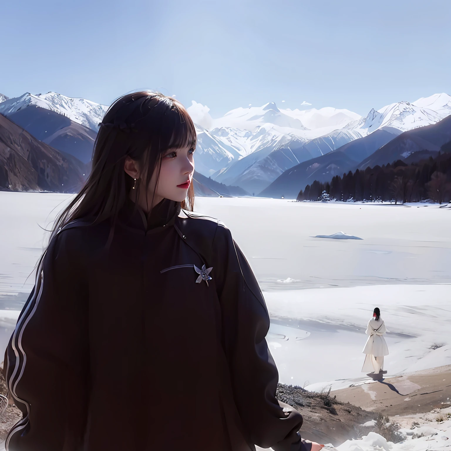 There was a woman standing on a rock，Looking out over the frozen lake。, inspired by Ma Yuanyu, inspired by Li Keran, in the snow mountains, cold as ice! 🧊, Cold but beautiful, onthe mountain, inspired by Ye Xin, with the mountains in the background, inspired by Liu Haisu, with a snowy mountain and ice