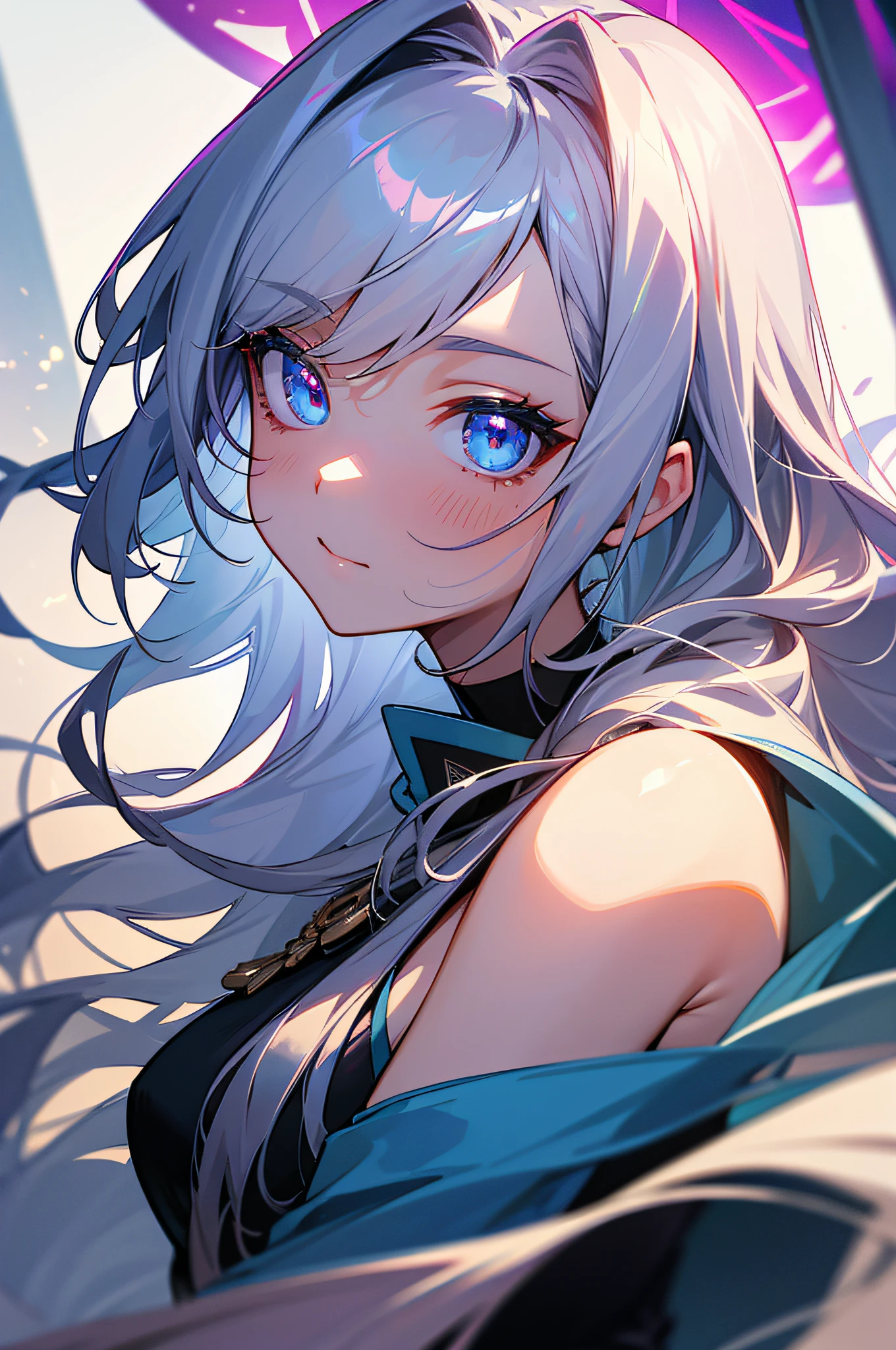 (tmasterpiece,best qualtiy,超高分辨率),sportrait,1girll, looking at viewert,beauitful face, Detailed eyes,Long silver curls, shinny hair, shiny skins, with light glowing ,Bare arms,(cropped shoulders:1.2),Hands are not displayed:1.5,Striking visuals,vivd colour, --auto