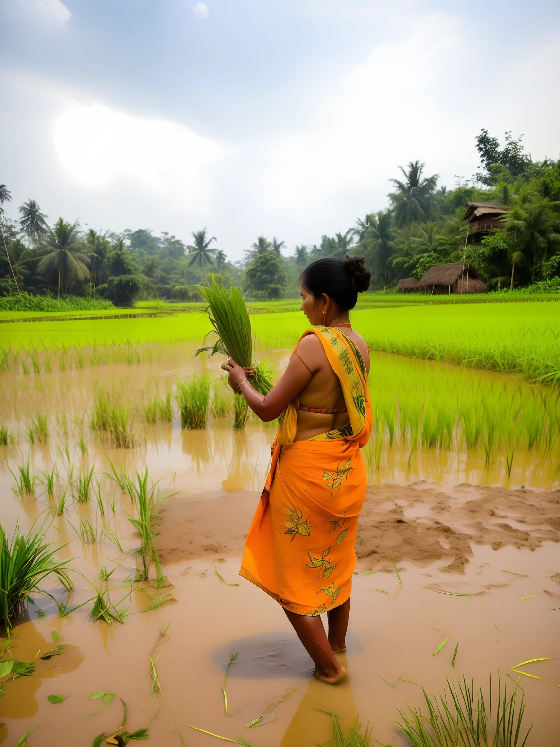there is a woman that is standing in the mud, villagers busy farming, assamese aesthetic, malaysia with a paddy field, wearing bihu dress mekhela sador, paddy fields and river flowing, single bangla farmer fighting, she is walking on a river, local people chasing to attack, assamese, shot on canon eos r 5
