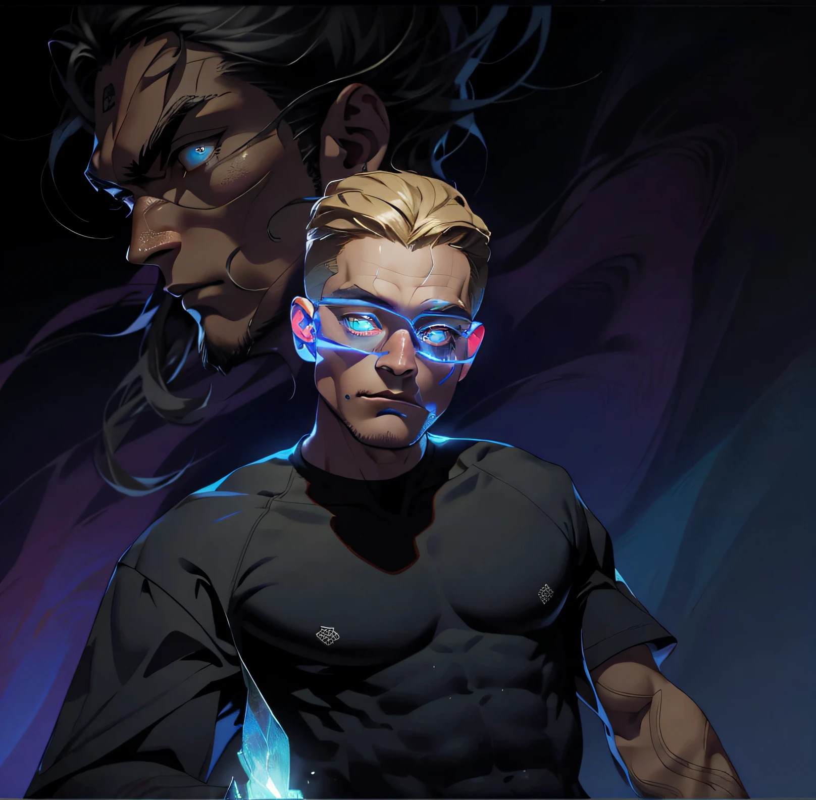 Realistic, (Masterpiece, Top Quality, Best Quality, Official Art, Beauty and Aesthetics: 1.2), Very Detailed, Fractal Art, Colorful, Most Detailed, Zentangle, (Abstract Background: 1.5) (1boy: 1.3), God, Blonde Hair, Short Hair, (Glowing Blue Eyes), Pectoral Muscles, Abs, Mysterious, (Magic), Crystal, Handsome Man, Knight