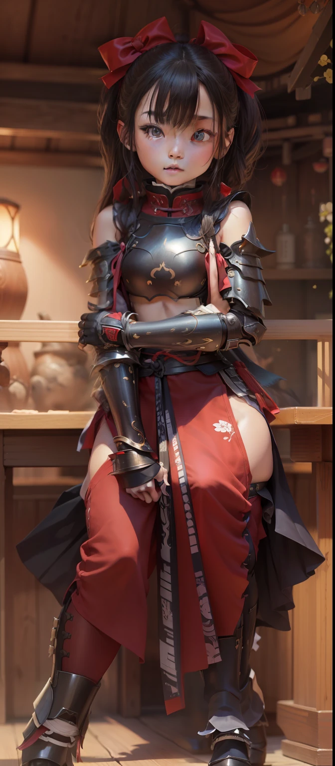 (top-quality、8K、32K、masterpiece、nffsw:1.2)、Photo of a cute Japanese woman、Beautiful delicate face、Beautiful delicate eyes、(realisitic、Photo Real:1)、small nose、middlebreast、A dark-haired、Red ribbons、full body Esbian、Ninja costume、hand armor、sface focus、simple background、looking at the viewers、Leg armor、Hakama