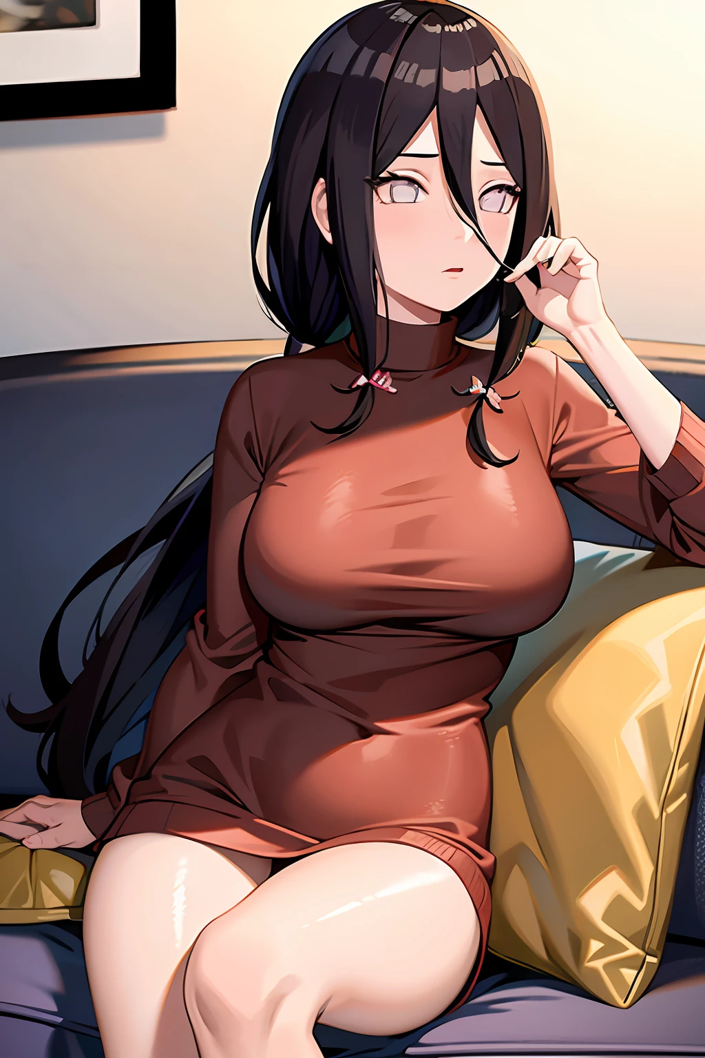 tmasterpiece， hoang lap ， （Complicated details）， （rich colourful）， 电影灯光， the Extremely Detailed CG Unity 8K Wallpapers ， Hinata flower proportions， 1girll， 独奏，（Lying on the couch，Legs up，Open back red sweater，is shy，Bigboobs， Low hair tied long），perspire，