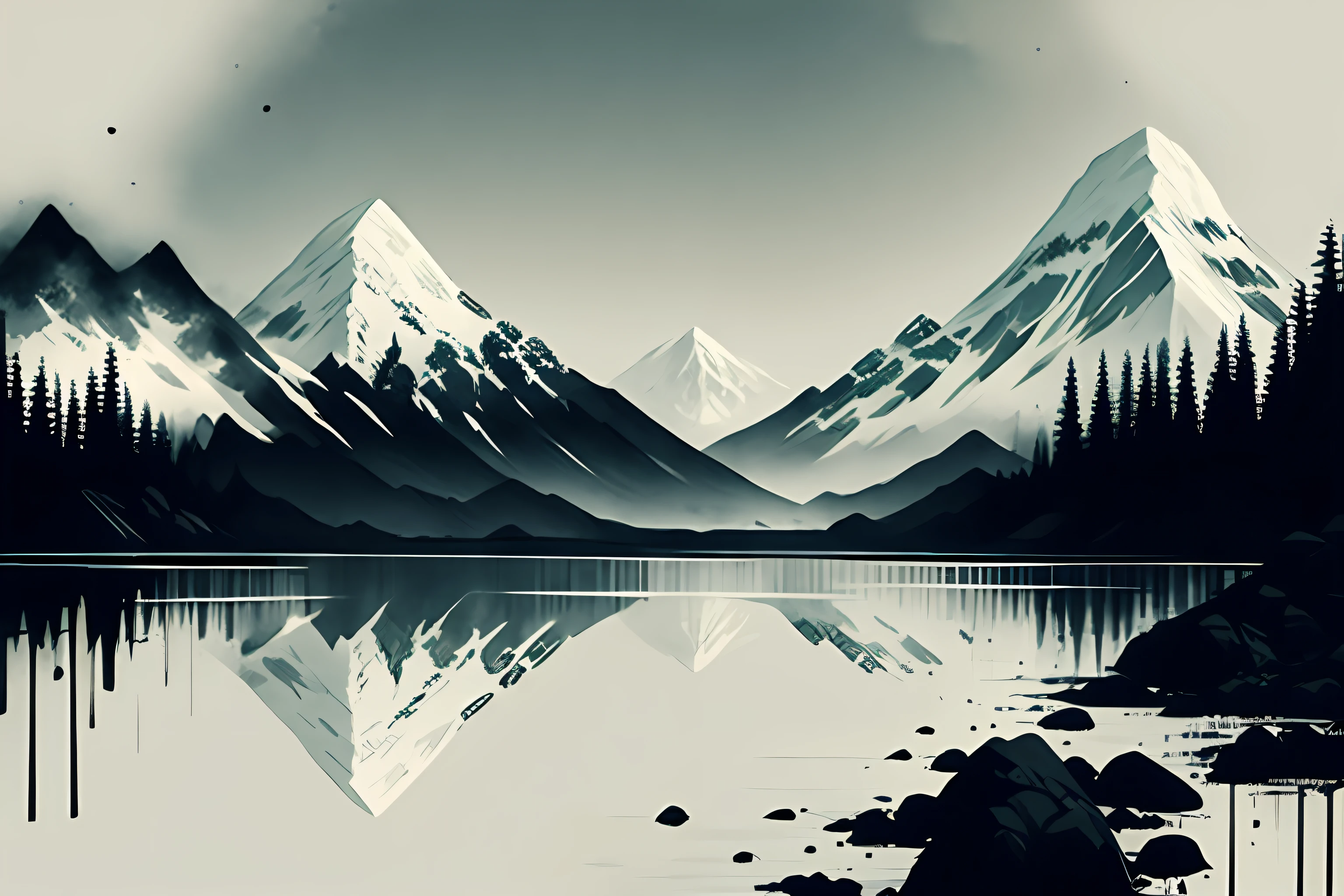 white background, scenery, ink, mountains, water, trees