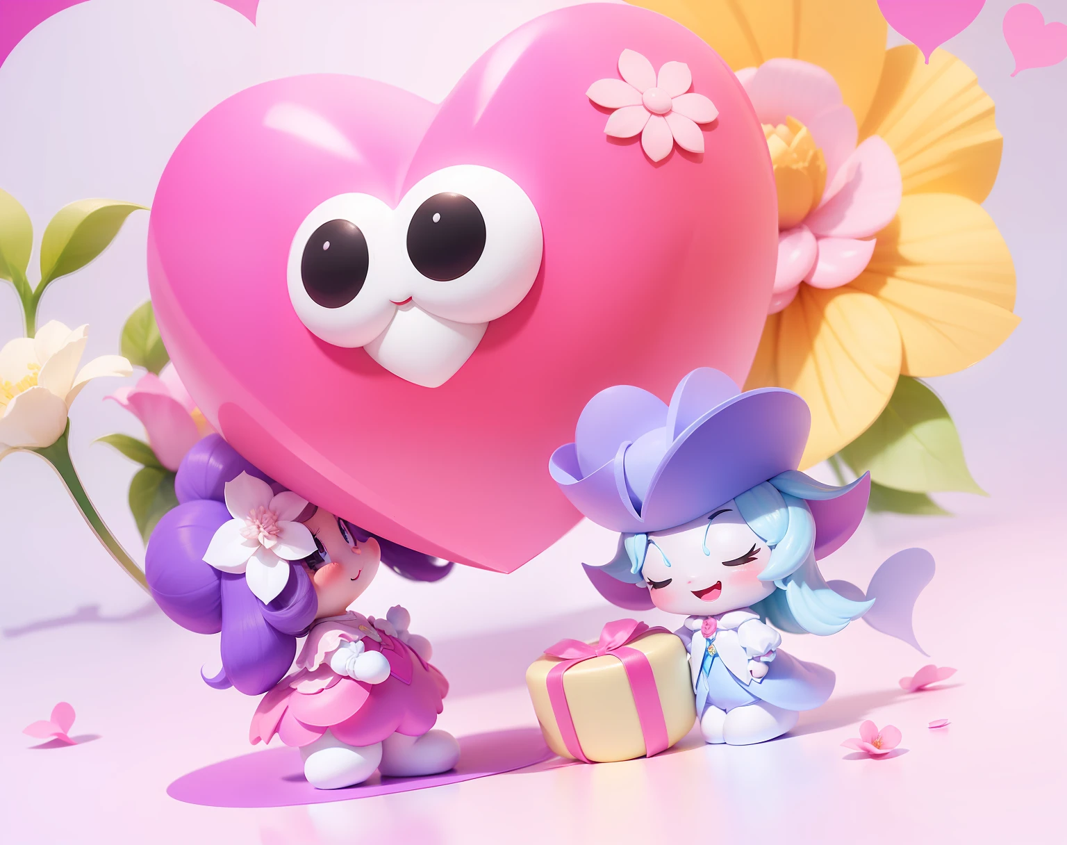 color photo of adorable cartoon characters representing love for the Qixi Festival. The characters are depicted as a playful and sweet couple, with round, rosy cheeks, sparkling eyes, and big smiles. They are holding hands, surrounded by floating hearts in various shades of pink and red. The male character is wearing a dashing suit, complete with a bowtie, while the female character is dressed in an elegant, flowing gown. They are standing under a starry sky, with a crescent moon shining brightly above them. Their love is beautifully portrayed through their joyful expressions and the undeniable chemistry between them