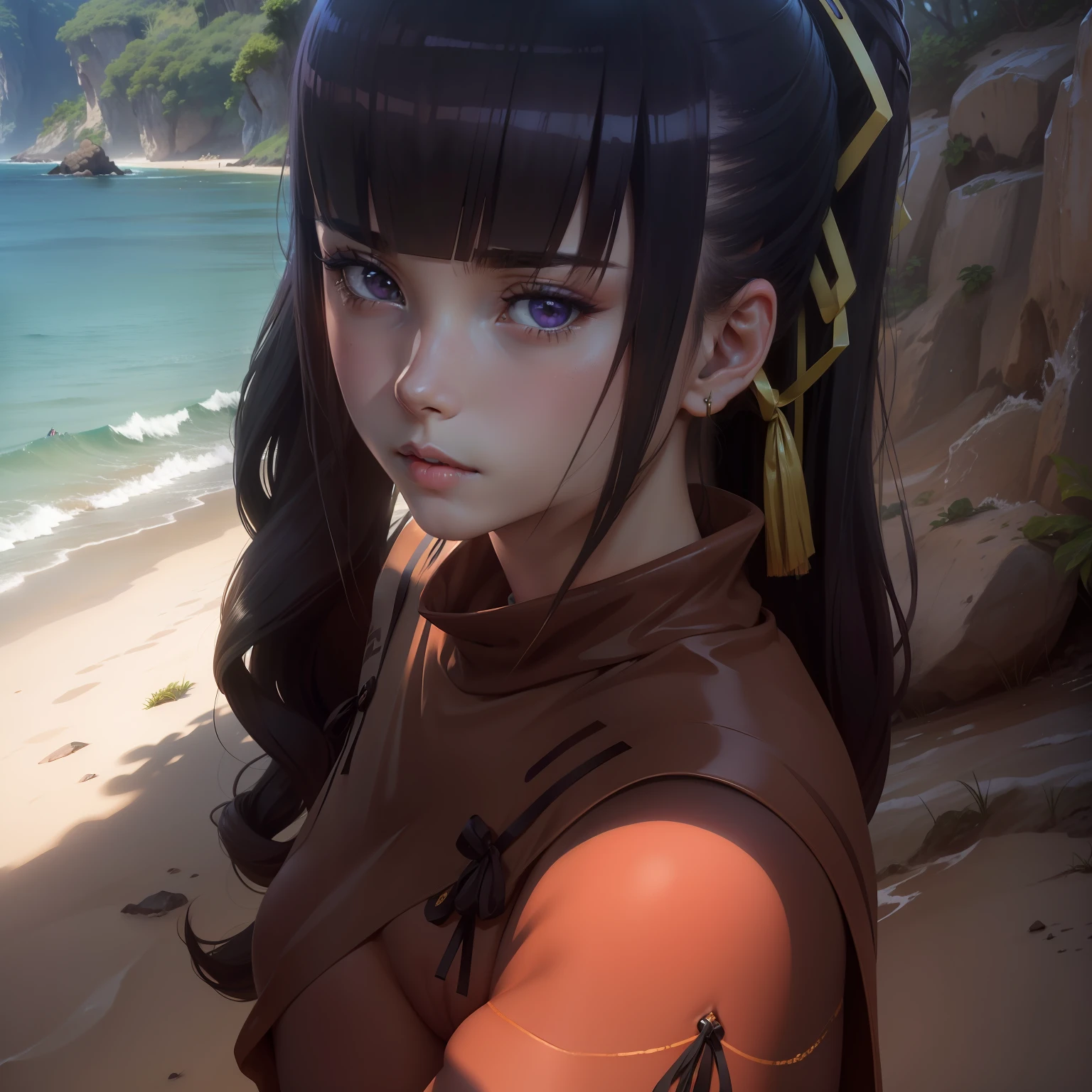 1girl,seios,sozinho,brown hair,Purple eyes,,Ahoge,seios grandes,sentado,Praia,Axilas,Flor do cabelo,flor,ornamento de cabelo,Olhando para o Viewer,cabelo entre os olhos,vestir,water,Seios para fora,Wariza,arms up,areia,cabelos longos,Wet,corar,papel de parede,Ultra Highres,4k,(Beautiful, seios grandes:1.2),(beautiful face:1.2),(cintura estreita),pele brilhante,Estilo oficial,screencap anime,(corpo inteiro:1.2),anime coloring,NSFW,Ao ar livre,litoral,dia,