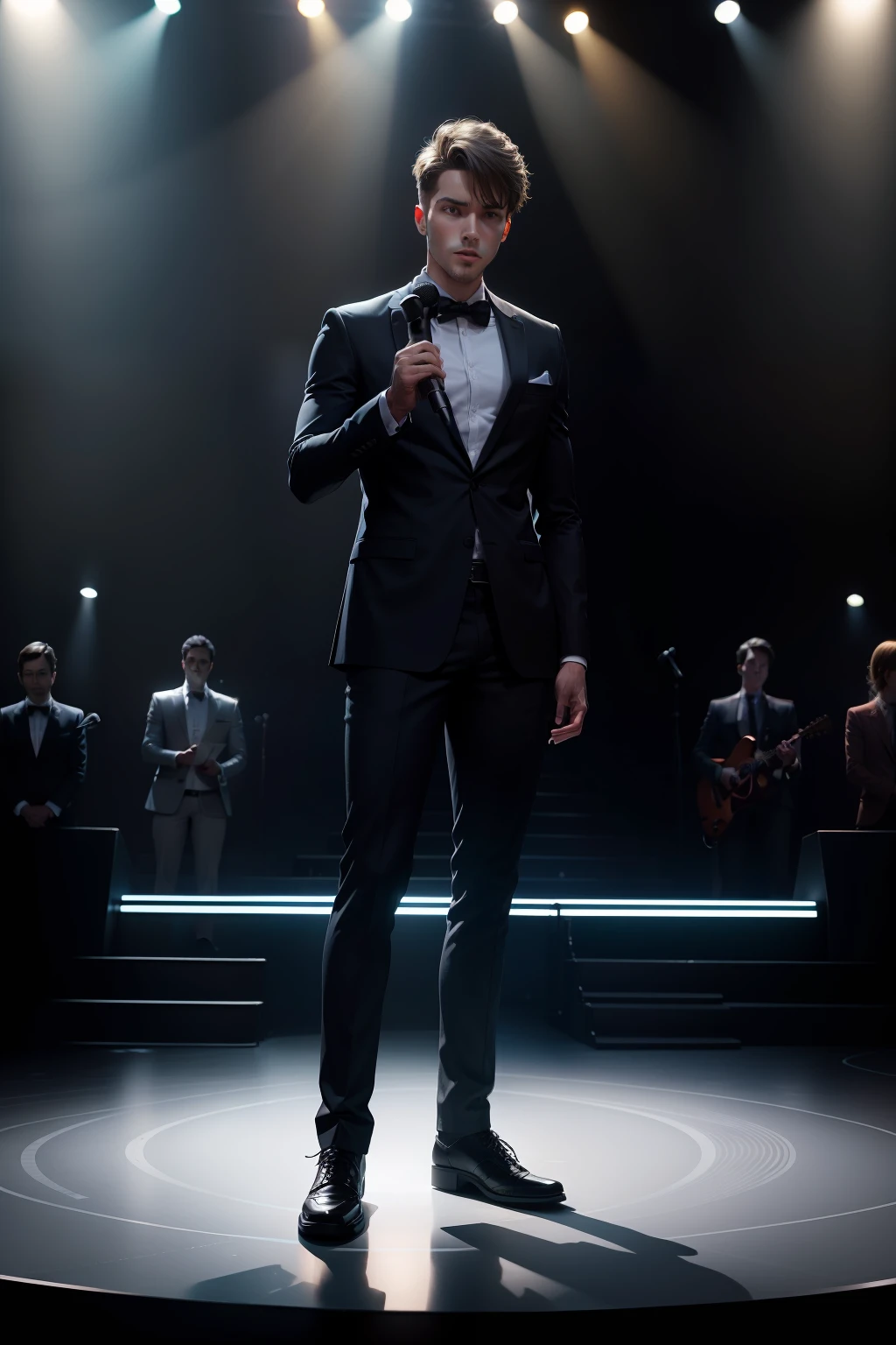 A stage,A male presenter speaks with a microphone,Standing in the middle of the stage,The light hit him,ultraclear,tmasterpiece