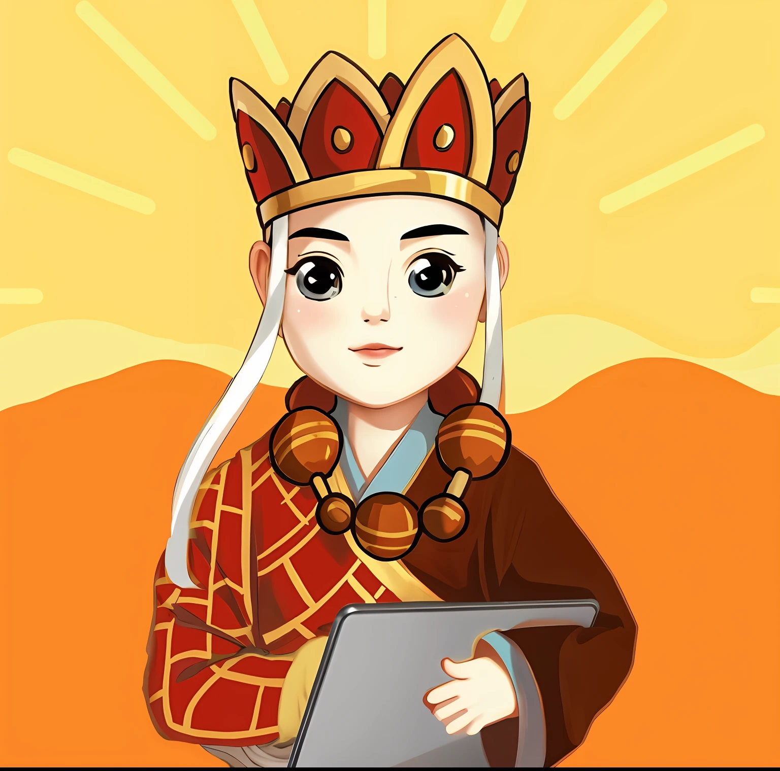 Journey to the West: Tang Monk character holding laptop comic style picture