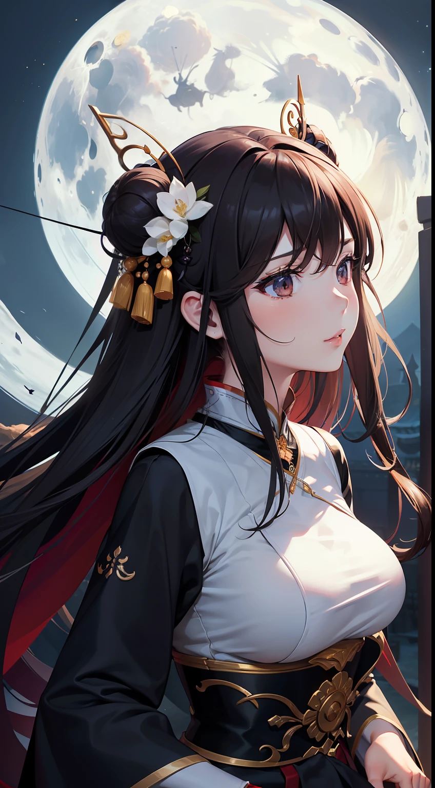 (tmasterpiece),(Super refined),(illustratio),(Extremely Delicately Beautiful),(dynamic angle),Black highlights,(1个Giant Breast Girl),Upper body,moon full,Chinese big breasts,faeries,delicated face,(smallunderboob:1.4),(Dress conservatively),Hanfu