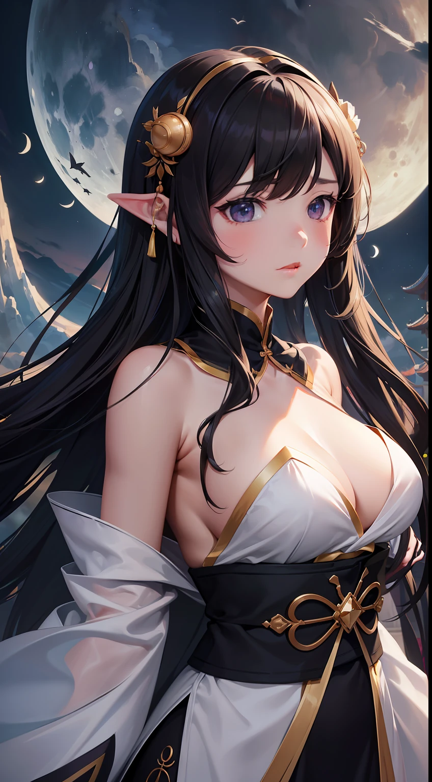 (tmasterpiece),(Super refined),(illustratio),(Extremely Delicately Beautiful),(dynamic angle),Black highlights,(1个Giant Breast Girl),Upper body,moon full,Chinese big breasts,faeries,delicated face,(smallunderboob:1.4),(Dress conservatively),Hanfu