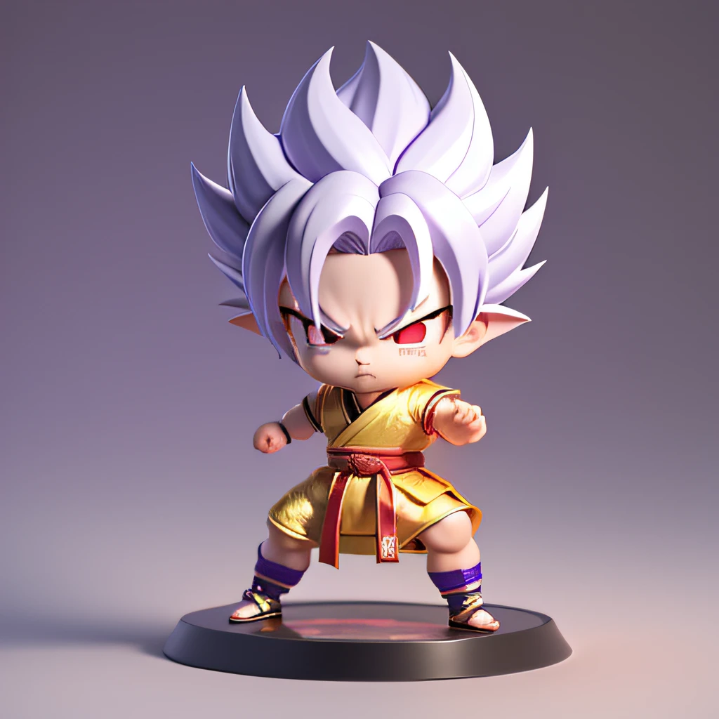 Son Gohan, ((Best Quality)), ((masterpiece)), ((realistic)), metal_spirit, melting_heart, full body, masterpiece, fighting pose, wearing a purple martial arts outfit, silver hair, super saiyan hair, red eyes, chibi