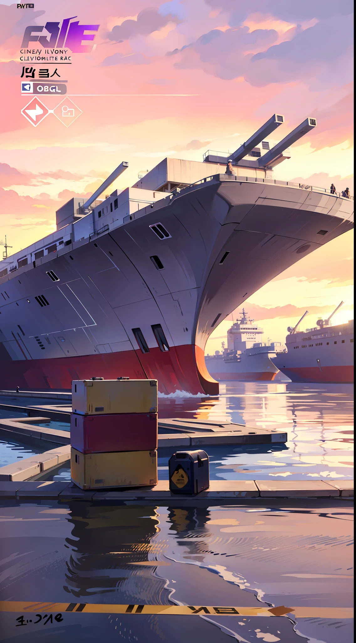 There is a photo of a boat in the water,There is a man on it, in a sci-fi shipping port, aircraft carrier scene, looking at spaceships at dock, Screenshot from《Fortnite》, port scene background, fornite game. rendering by octane, naval background, game screenshot, realistic warship design, loading screen, detailed cinematic shot, cinematic Film still from, shipping docks