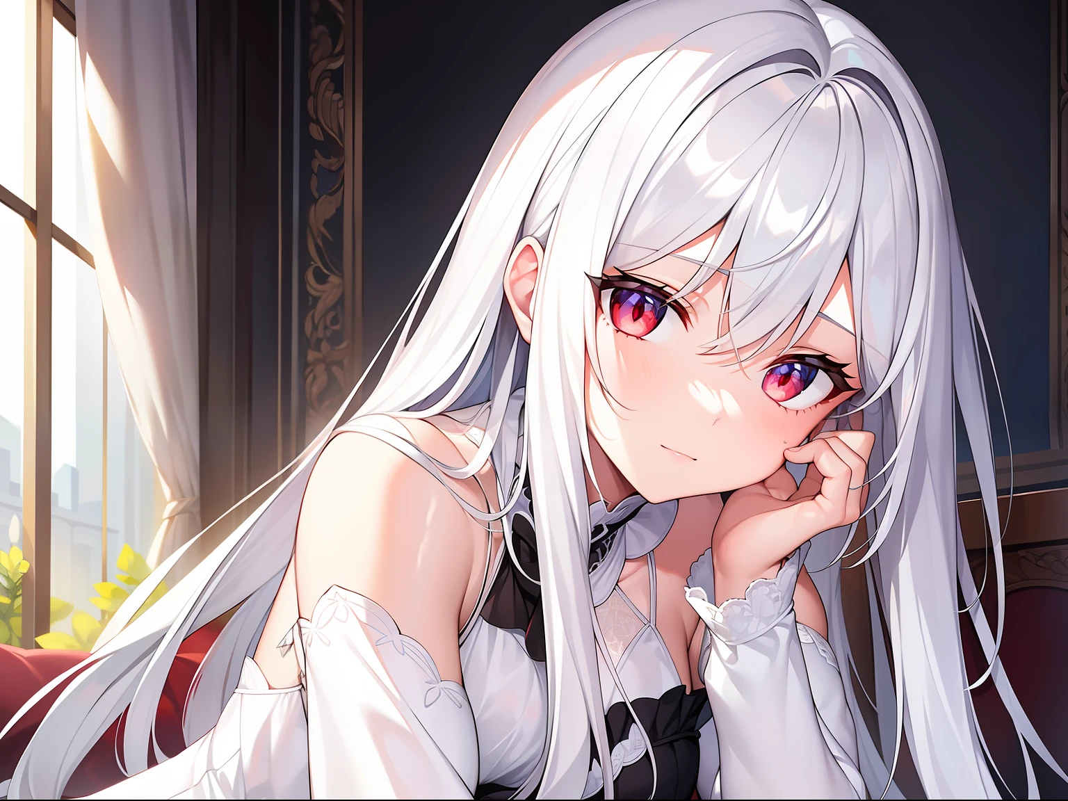 ((Masterpiece, Best quality))++, Detailed light+, Detail hair+, detail hand+ ,1girll, woman, Long hair, dark red eye, Beautiful eyes, Young gray hair,,(Beautiful white hair:1.5),(Beautiful detailed eyes), , high resolution+, Masterpiece, , Glass tones, Reflective eyes, {{Angle}} , extremelydetailedwallpaper, Original,full bodyesbian,Bedrooms,upper legs, Beth,starrysky,Issuing