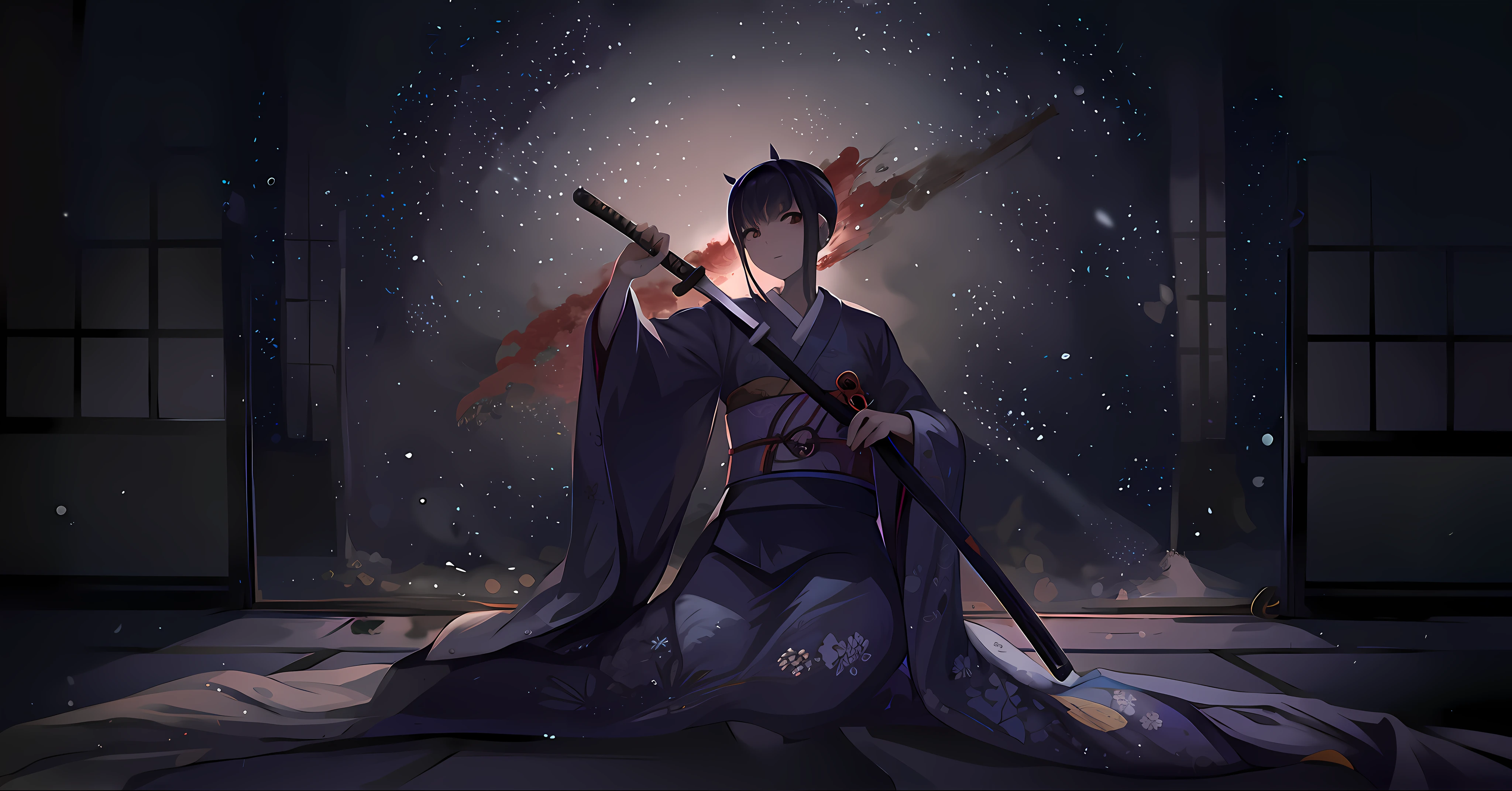 Anime girl in kimono holding a sword in the room, tatami galaxy, Guviz-style artwork, inspired by Tosa Mitsuoki, zerochan art, pixiv contest winner, , she is holding a katana sword