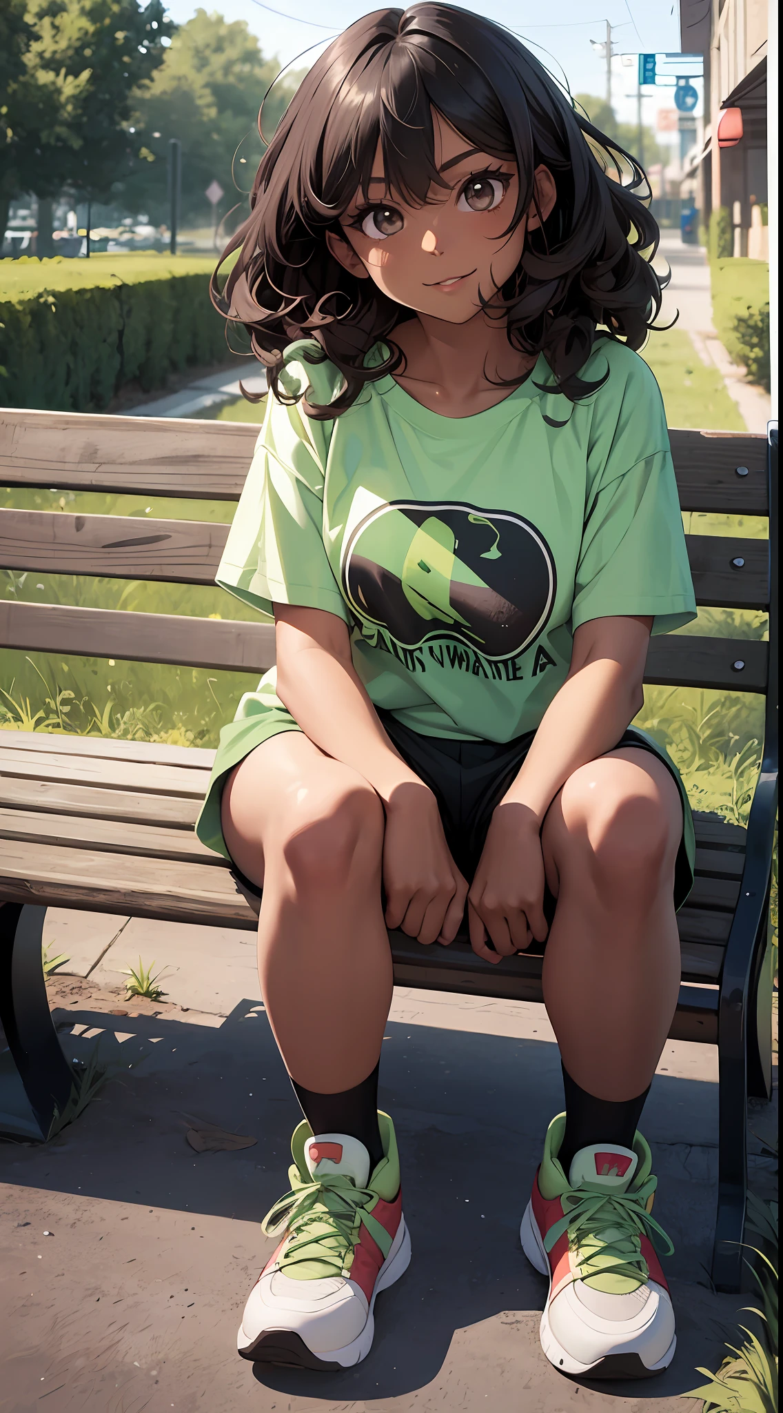 Anime girl, Curly black hair wavy, Beautiful dark brown eyes, cheerfulness, gleeful, Fake smile, ((Dark brown skin:1.5)), Asian eyes, (Black woman:1.5), Long eyelashes, lusciouslips, Proportional face, (Blasian), Short girl, 18yr old, ((Beige T-shirt)), (Low saturation green shorts, knee high socks, Green sneakers), Girl sitting on bench, park, Beautiful quality, Normal, Masterpiece, soft and warm lighting