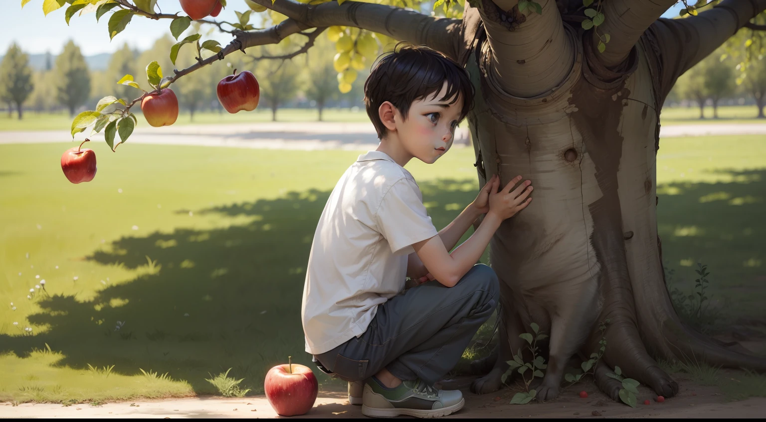 Boy petting an apple tree