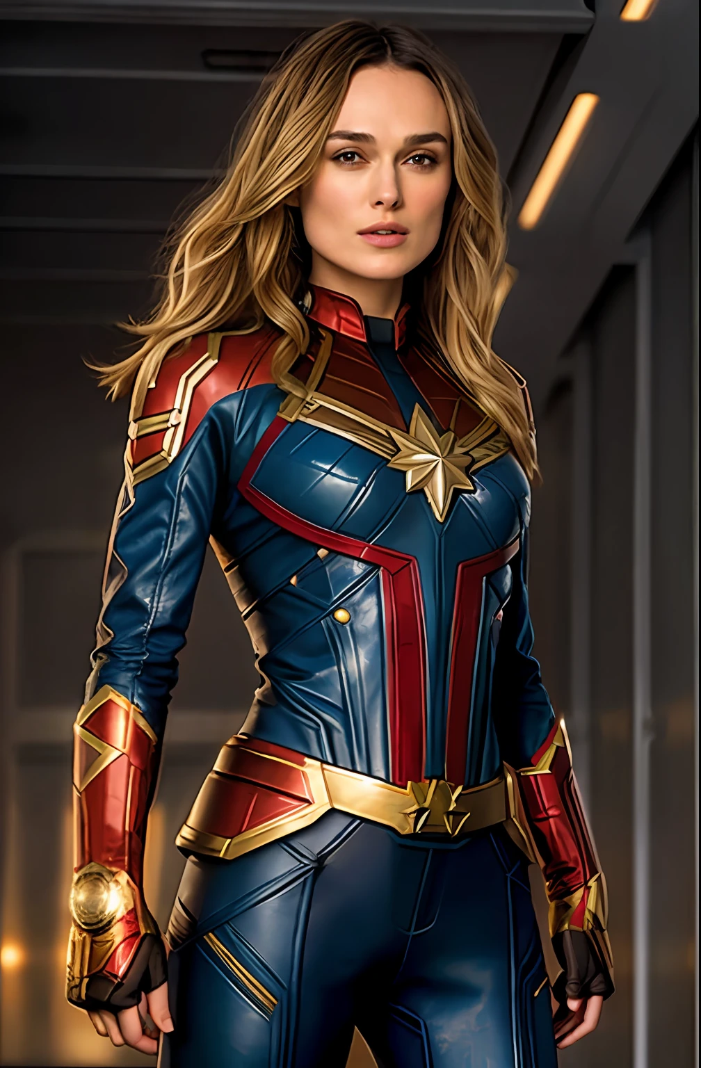 Face of keira knightley, Keira Knightley as captain mervel, blonde hair, medium hair, full body portrait, wearing captain marvel outfit, sexy, cleavage, breasts showing