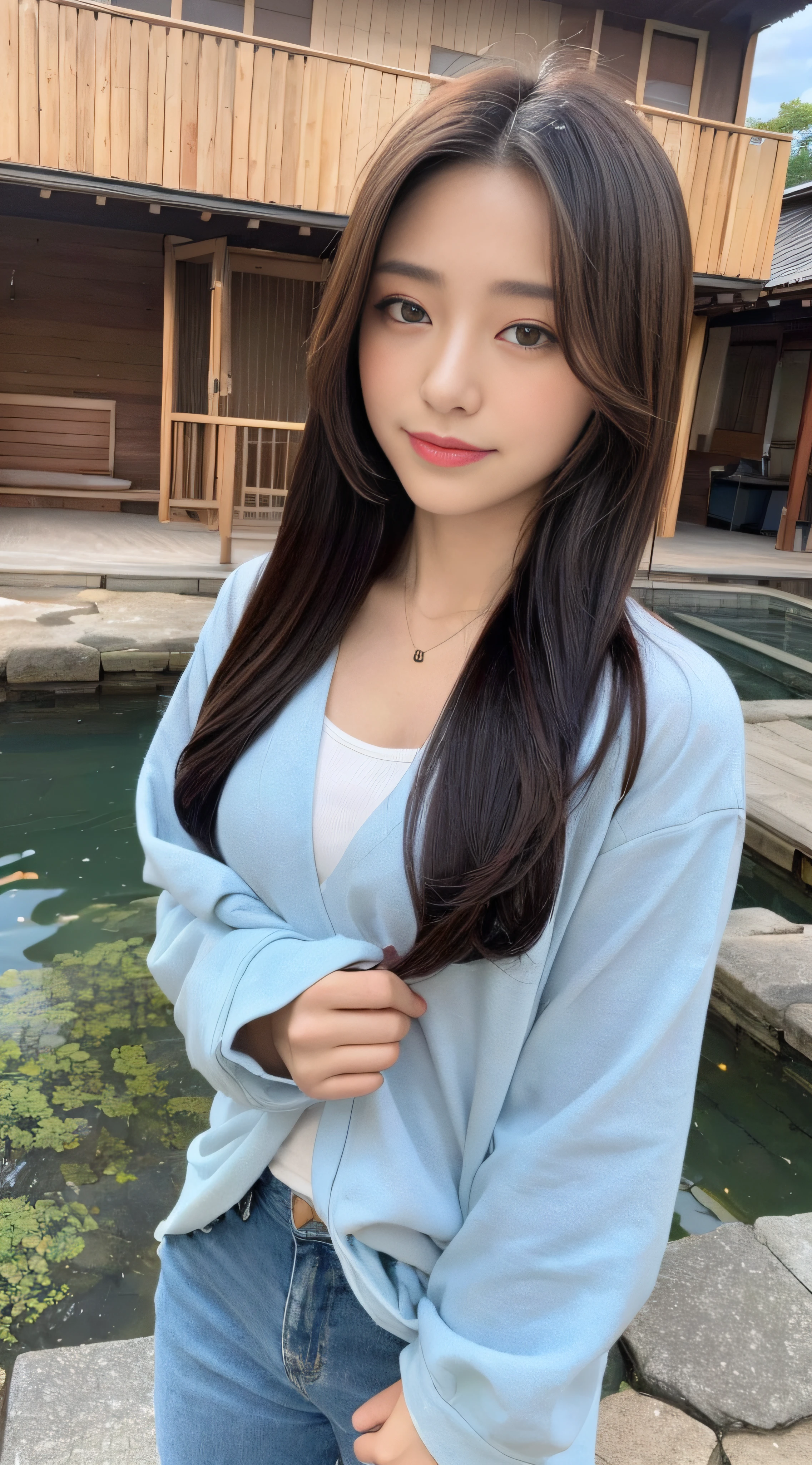 ((top-quality、8K、masterpiece:1.3))、1girl in、Beautiful woman with accentuated slim abs:1.3、(Casual Hairstyles)、Casual clothing:1.2、interiors、Super Detail Face、Delicat eyes、二重まぶた、Soft breasts、A smile、beautiful kimonos、kyoto、Beautiful pond in the background、natta