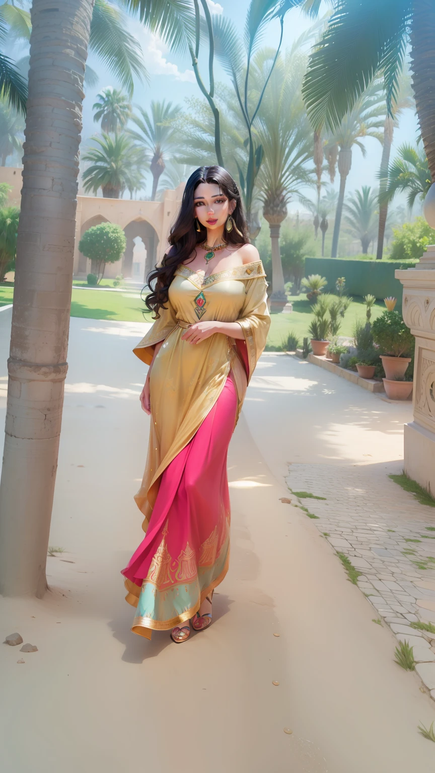 Masterpiece, 4K, woman wearing a Moroccan caftan,(Beautiful dark haired woman:1.2),(Moroccan style:1.2), (full body focus:1.1), portrait, high quality art, high resolution, high definition, face close up, green eyes, puffy lips, smiling, surprised, blushing, lipstick, beautiful eyes, smooth skin, pretty woman, golden earrings,