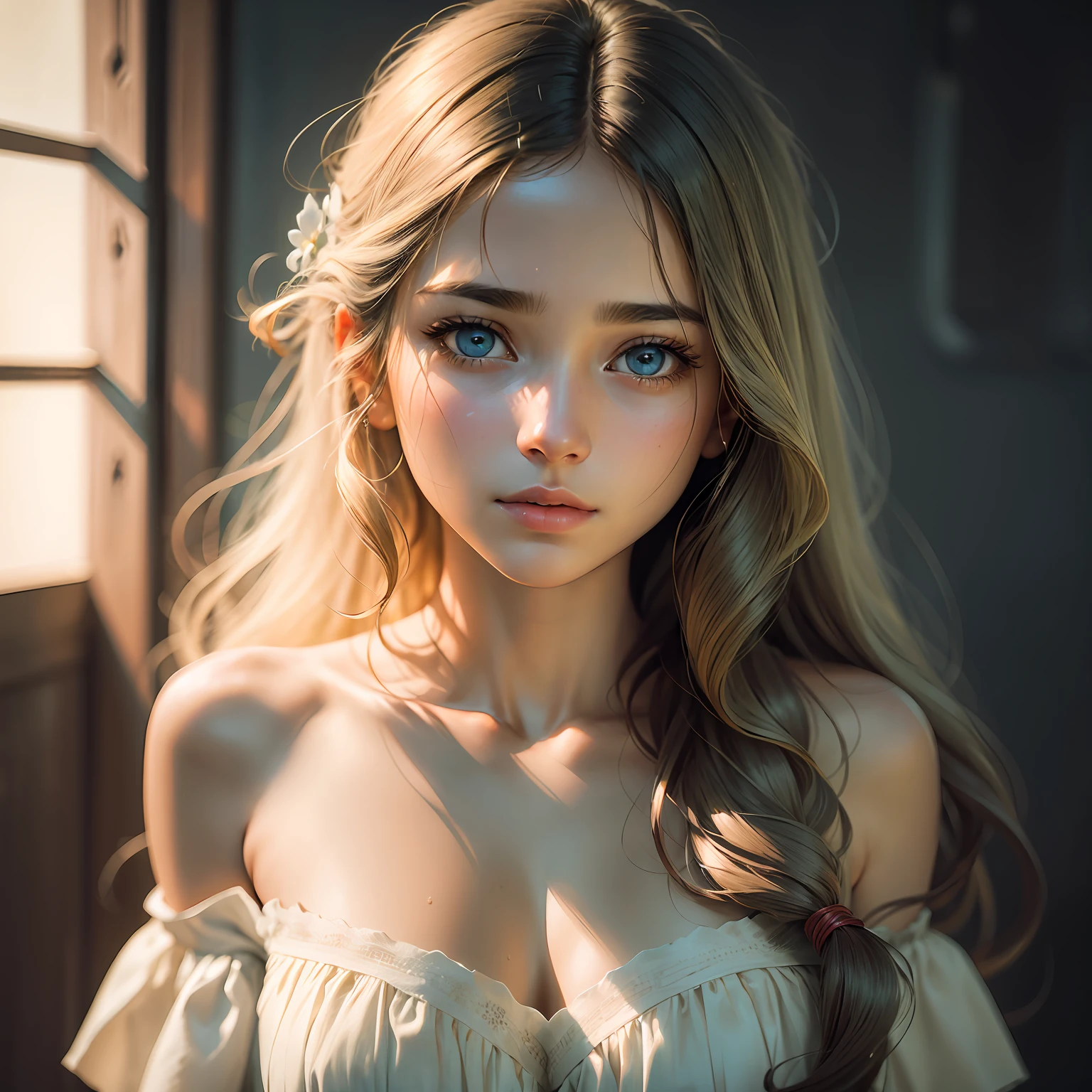 filmg, film portrait photography, 1girl, bare shoulders, wavy shoulder-length hair, serene, calm, (realistic detailed eyes, natural skin texture, realistic face details), soft dramatic lighting, depth of field, bokeh, vibrant details, finely detailed, hyperrealistic, 35mm film, hazy blur