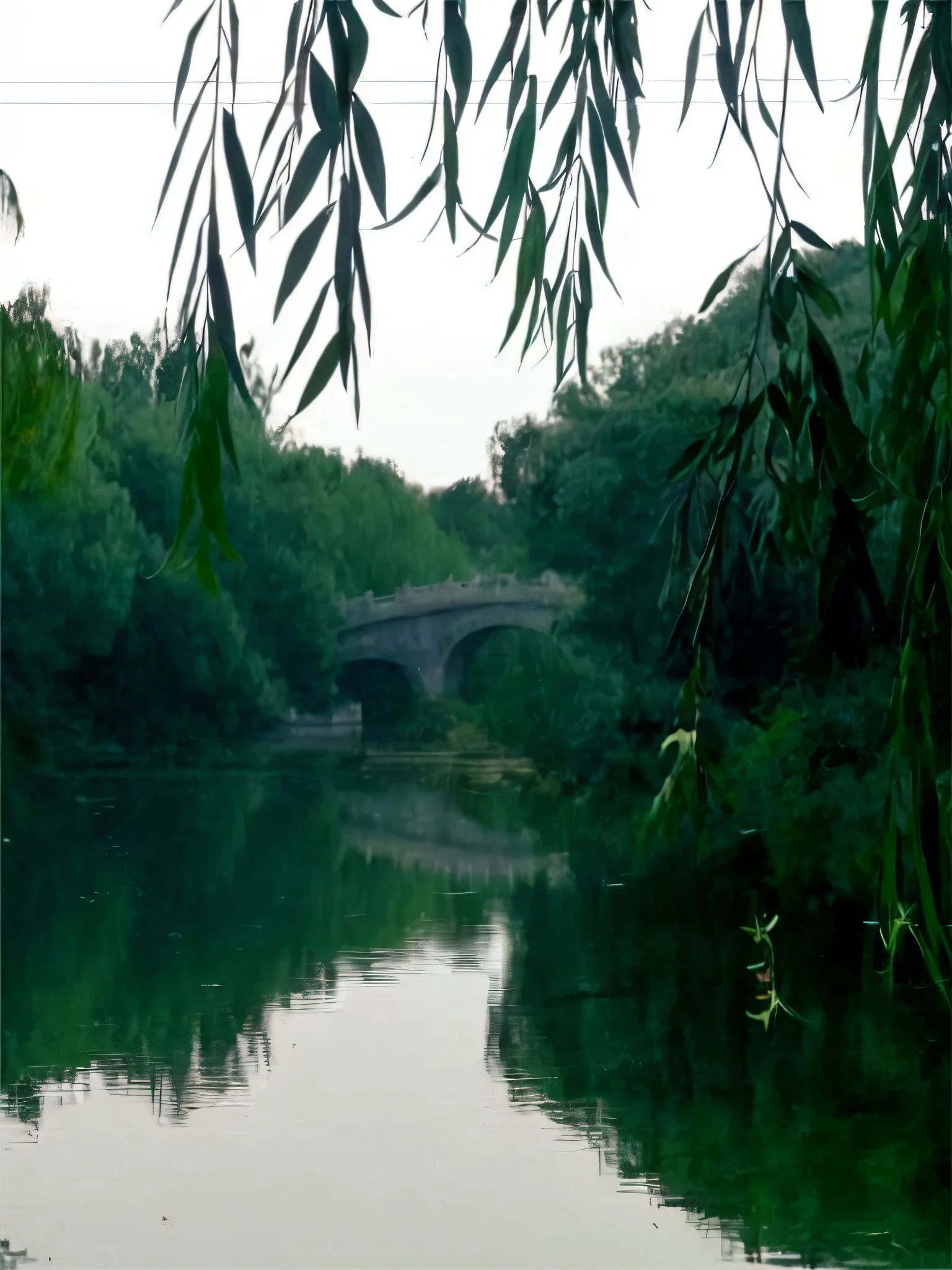 There is a bridge over the river,In the background is a bridge, Silhouette of a vine bridge on the lake, bridge over the water, old bridge, inspired by Zhang Shunzi, author:Ann Text, beijing, Curved bridge, tied bridge on local river, calm afternoon, Chinese landscape, scenic view of river, bridge, inspired by Liu Jun, inspired by Zhang Shengwen。super high image quality