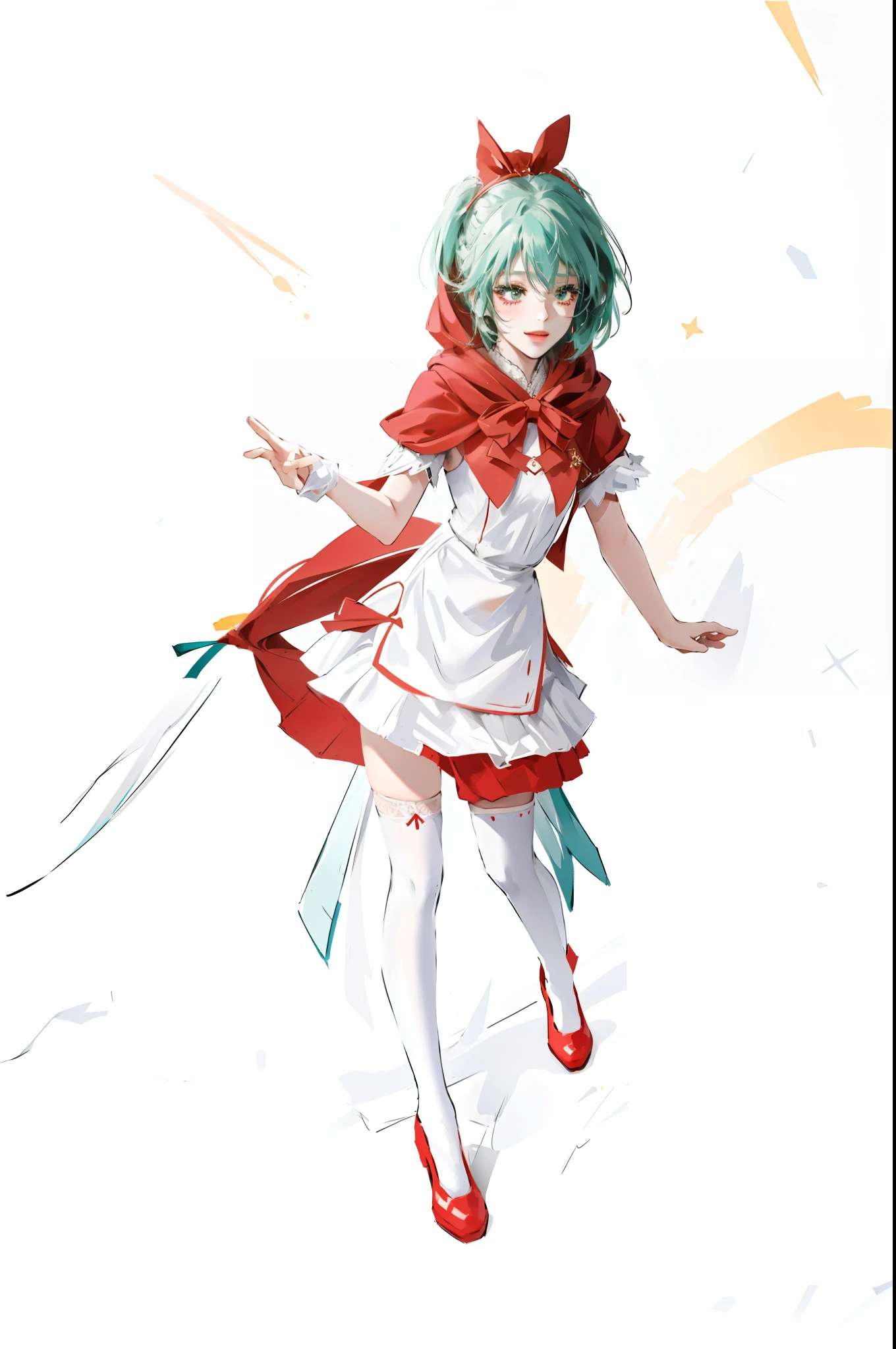 Big breasts Hatsune Miku，littleredridinghood，White tights，，waving hands，ssmile，White stockings with lace，Red dress，Red shoes，Green hair，The beautiful， k hd