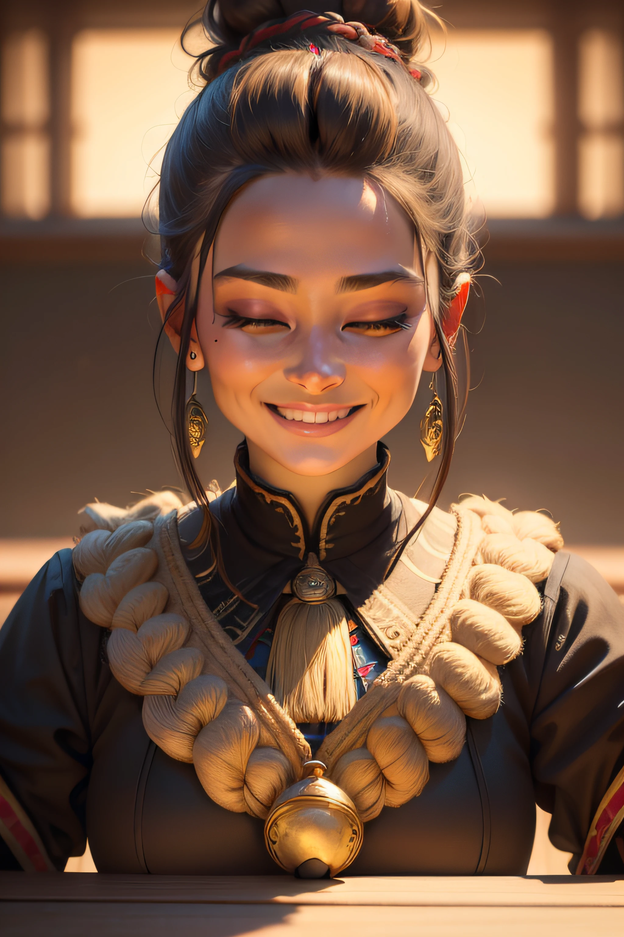 topknot, half-closed eyes, light smile, Genre painting, stereogram, bust chart, close-up, foreshortening, UHD, high details, 4K