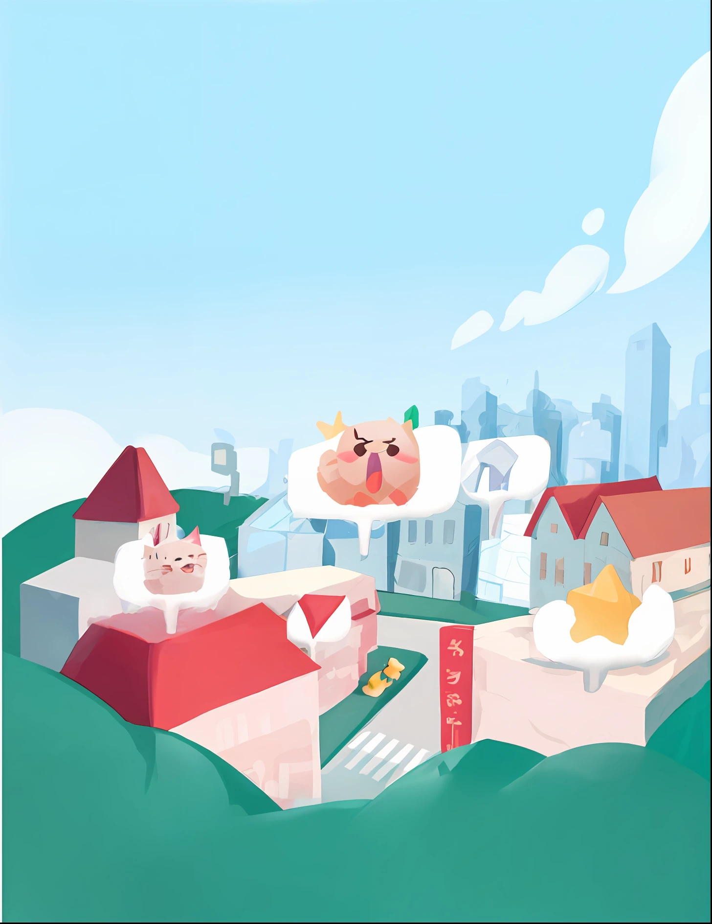 There are cartoons of cats and dogs in the city with buildings, town background, 8 K cartoon illustration, rounded house and cute character, cute 3 d render, 3 D 插图, 3D illustration, city street view background, Mobile game background, town in the background, 2 d illustration, 2D illustration, isometric illustration fun, 9K, 9 k, cute illustration