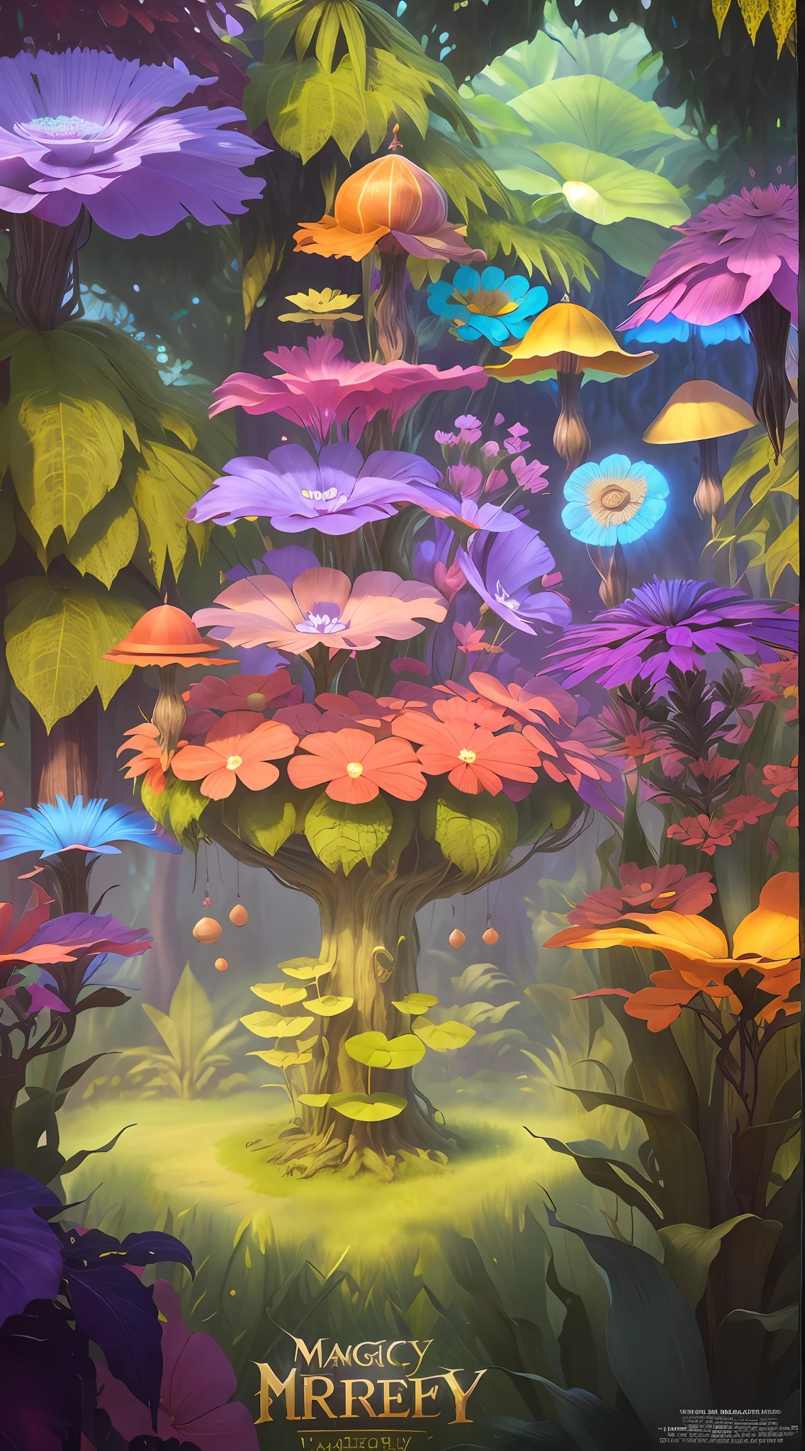Red Gemstone Stage，game poster，Bright umbrella between flowers and plants, concept art magical highlight, fantasy magical vegetation, magical fairy background, Magical background, Magic world. Colorful, colorful concept art, magical forest backround, magic fairy forest, Magical area, Magical environment, background artwork, magical forest background, psychedelic mushrooms dream, arte de fundo, Colorful alien flora, magical fantasy forest