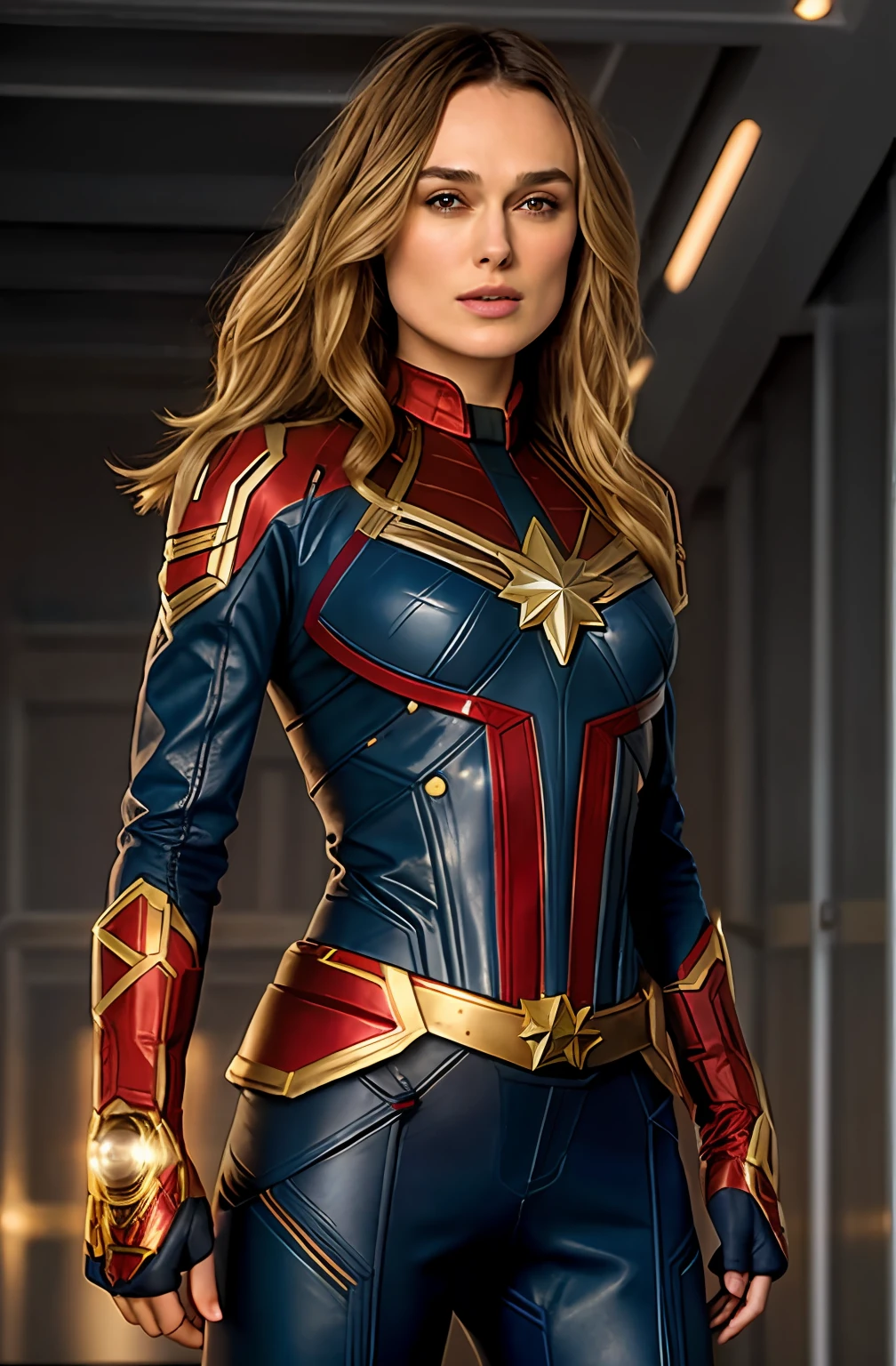 Face of keira knightley, Keira Knightley as captain mervel, blonde hair, medium hair, full body portrait, wearing captain marvel outfit, sexy, cleavage, breasts showing