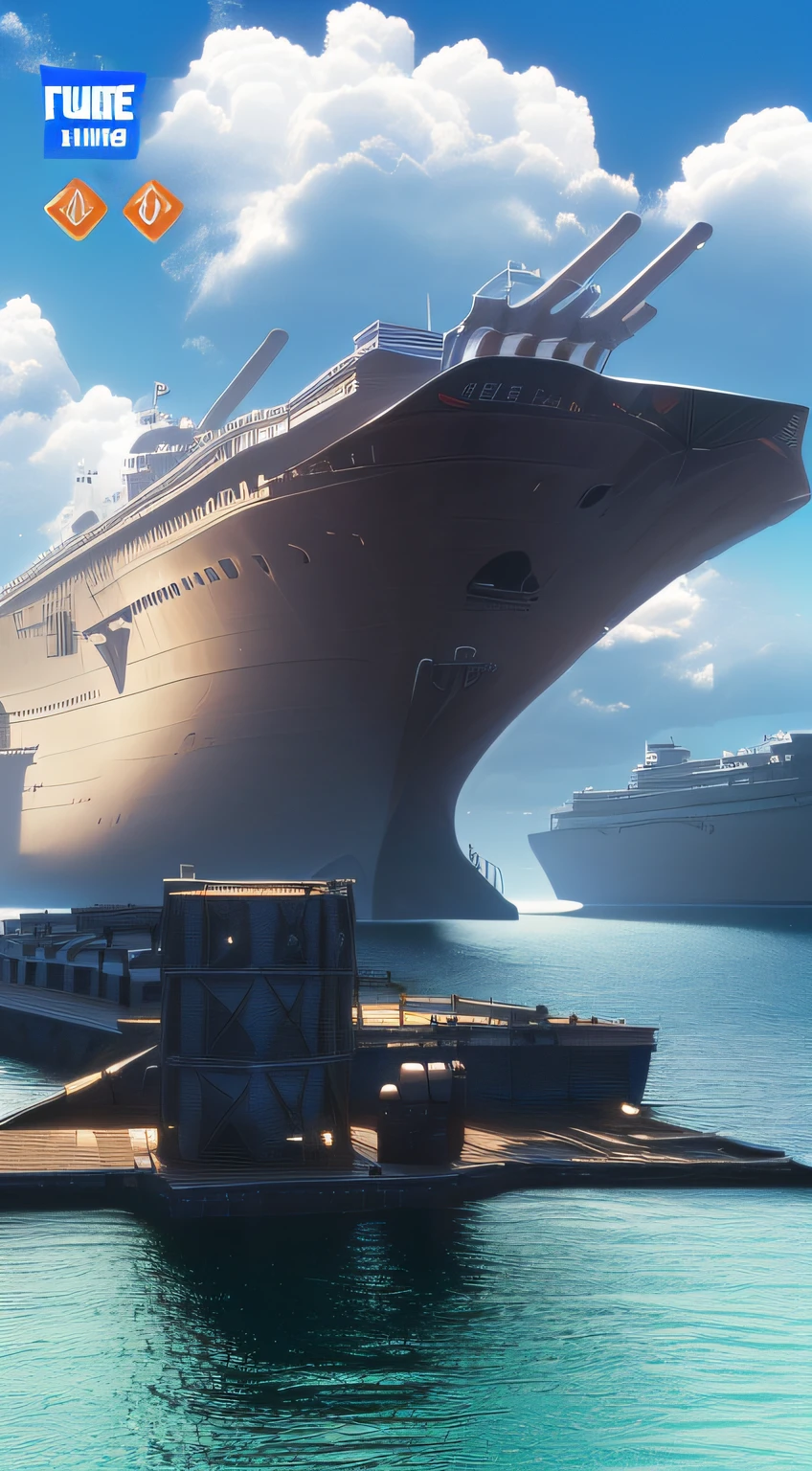 There is a photo of the boat in the water，8K ,In the daytime，​​clouds, in a sci-fi shipping port, aircraft carrier scene, looking at spaceships at dock, Screenshot from《Fortnite》, port scene background, fornite game. rendering by octane, naval background, game screenshot, realistic warship design, loading screen, detailed cinematic shot, cinematic Film still from, shipping docks,Cartoon 3d scene，fortnite,