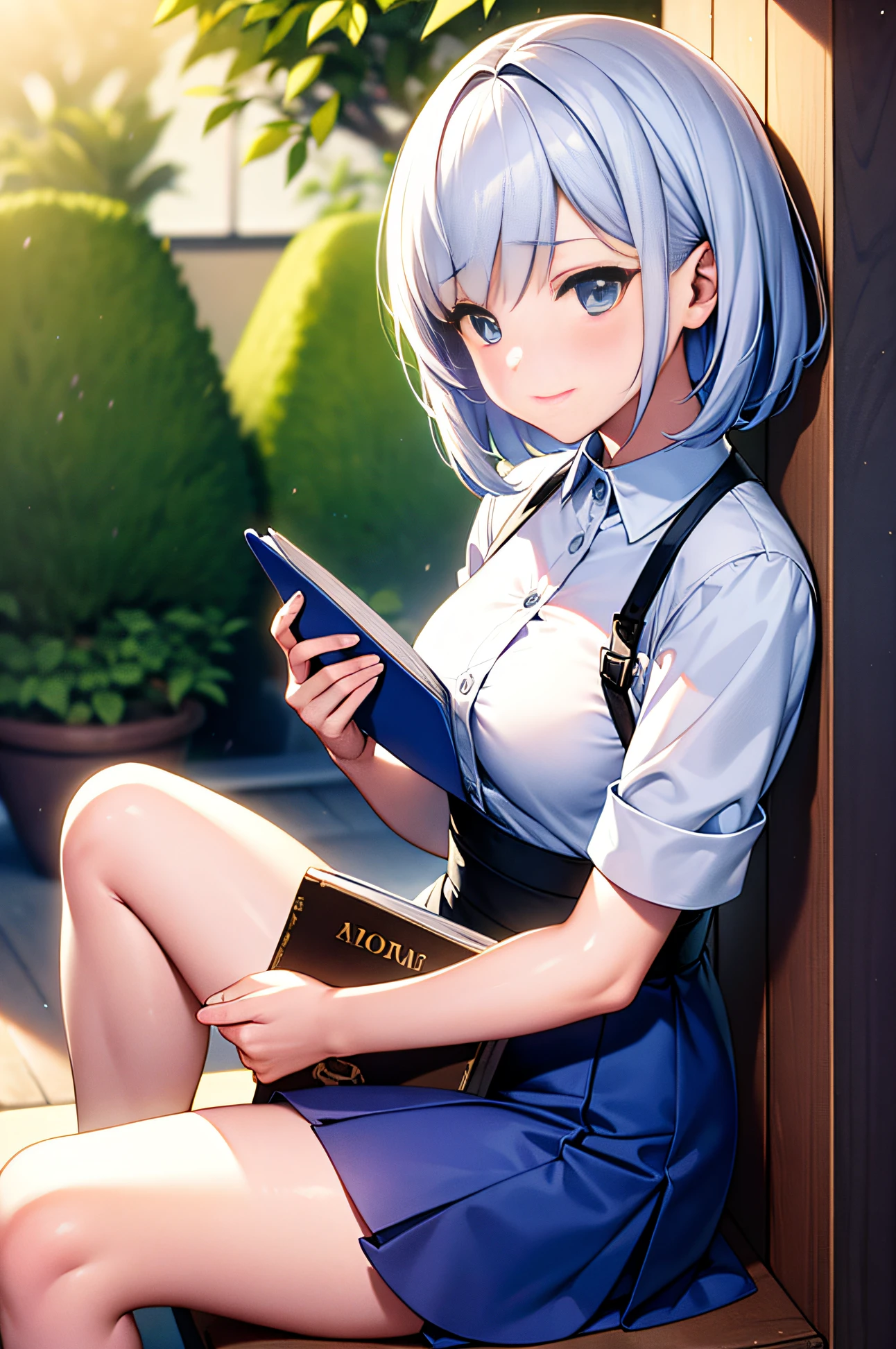 Anime girl sitting under a tree， White-haired god，white color hair，Estilo de Makoto Shinkai，School girls，Anime girl in pink dress，Holding a book in his hand，（（best qualtiy，8K，tmasterpiece：1.3）），azur lane style，beauitful face，，soft sun light，8k ultra high definition，high qulity，A high resolution，4K，8K