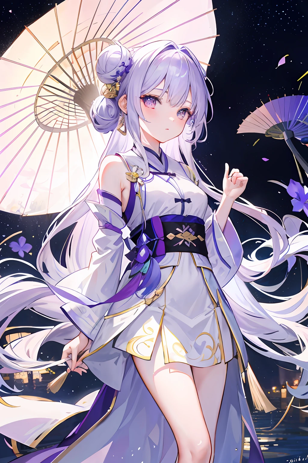 A girl,Long flowing milky lilac gradient hair,Lilac luster,Lilac pupils,Air bangs,Lilac tang dress,Elegant Hanfu,The hairstyle is an antique double bun,Southern song dynasty,On the city corridor,Lotus pond moonlight,the night,lanterns,Holding an oil-paper umbrella in hand,(There are fireworks in the sky),Delicate portrayal of facial features,extreme hight detail