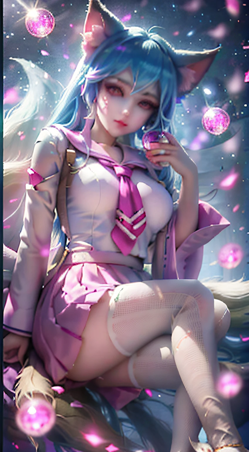 (League of Legends) Tanuki, pink magic, pink magic crystal ball in hand, pink, pink crystal ball, large pink eyes, multiple poses, feet, princess dress, three lines on each cheek, pantyhose, hatsune miku, extremely detailed face, black hair, school uniform, white sailor collar, glazed eyes, sailor collar, blue sky, long sleeves, blue shirt, looking at the audience, closed mouth, cat ears, pleated skirt ((((nine fox tails)))