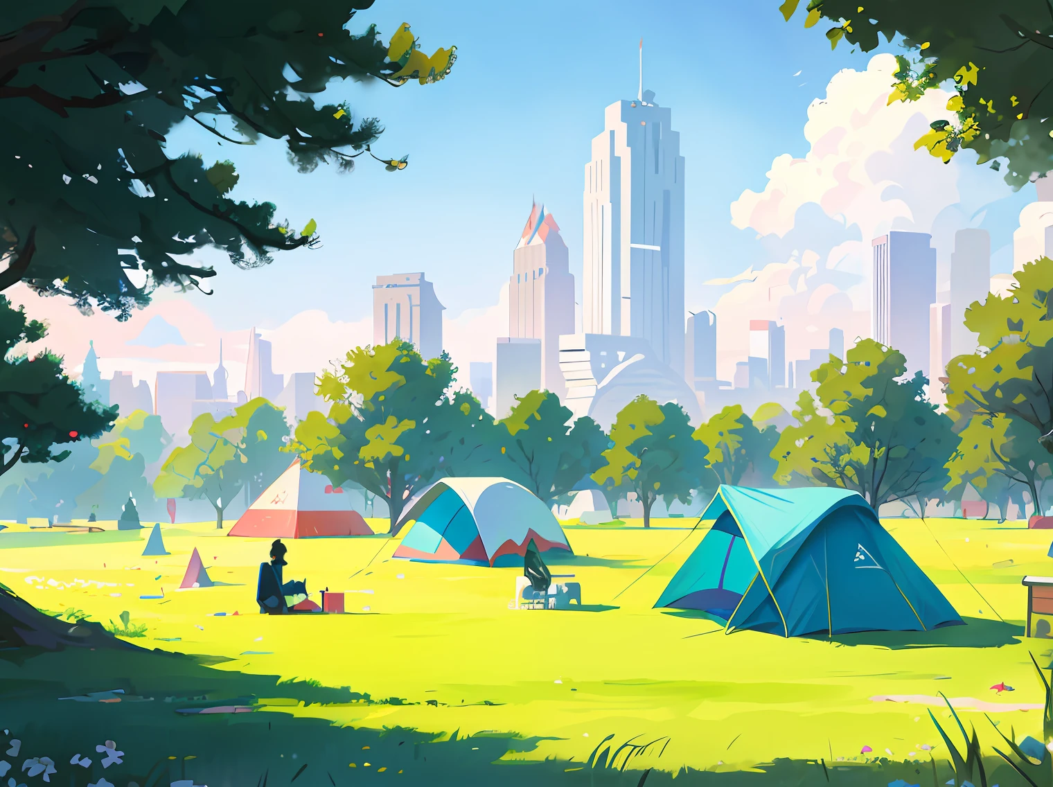 There are plenty of tents in the park，lots of people， Party in the park， City in the background，City of Guangzhou, China，Mountains cannot exist，arte de fundo, ross tran. scenery background, atey ghailan 8 k, in style of atey ghailan, Anime background art, Relaxing concept art, author：Sylvain Salair, background artwork, by Atey Ghailan, Inspired by Atey ghailan, Anime landscape concept art，