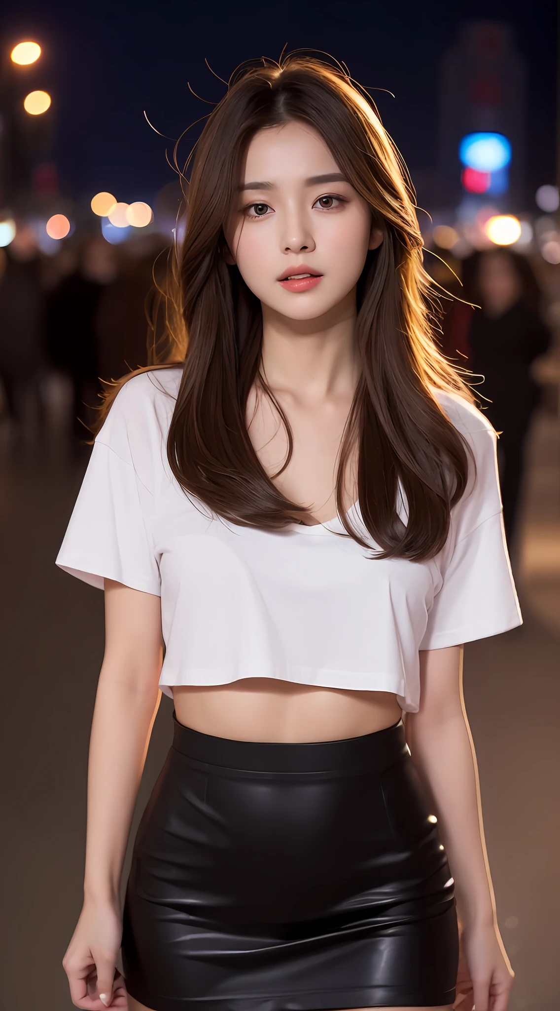 (Best Quality, 8K, Masterpiece, Ultra HD: 1.3), (K-Pop Idol: 1.5), 1 Pretty Girl, (Long brown Hair), Abs, Perfect Figure, Ultra Fine Face, Delicate Lips, Beautiful Eyes, Double Eyelids, Super fine hand, Super fine finger, T-shirt body, very Short skirt (Sultry) ((Aroused: 1.5)), Open shirt show , Detailed , on the streets city in night